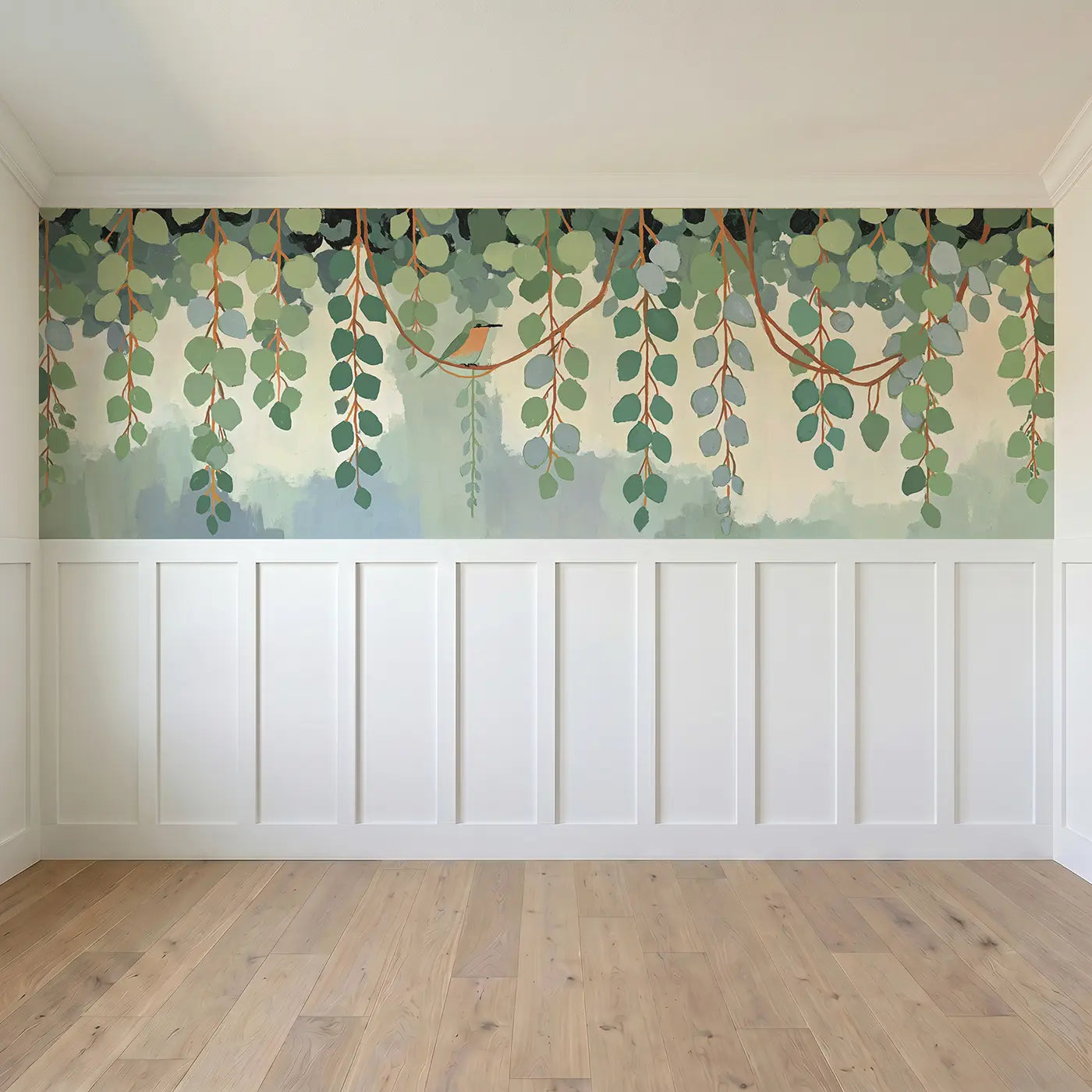 Full panel view of Bold Eucalyptus Branch Row Wainscoting Wallpaper by Whimsy Tots