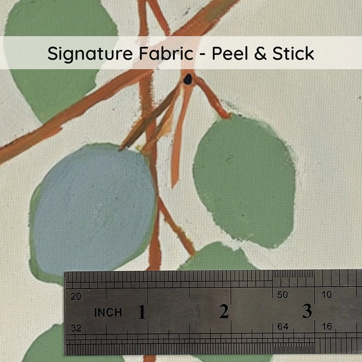 Fabric texture close-up of Bold Eucalyptus Branch Row Wainscoting Wallpaper by Whimsy Tots
