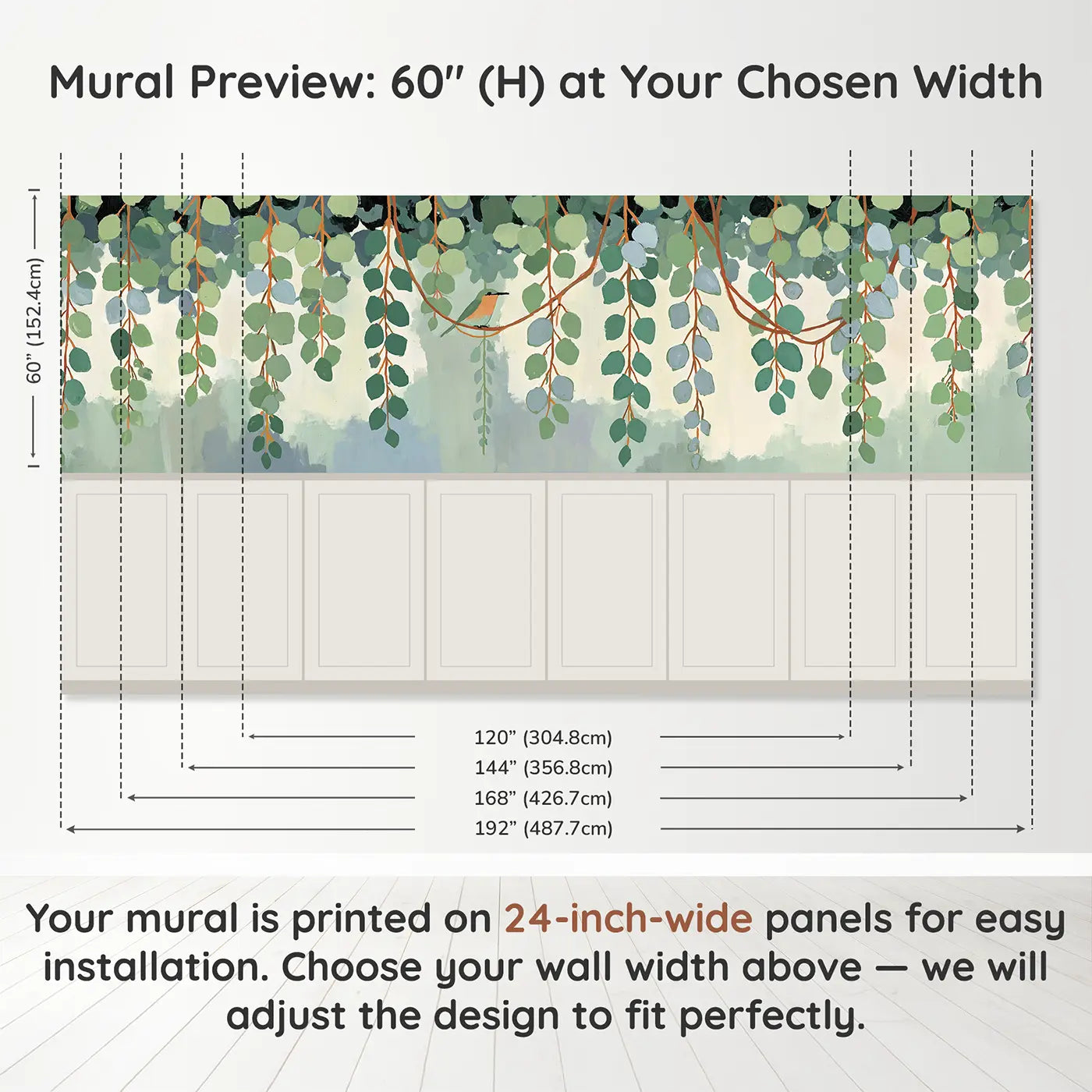Panel dimensions for Bold Eucalyptus Branch Row Wainscoting Wallpaper by Whimsy Tots