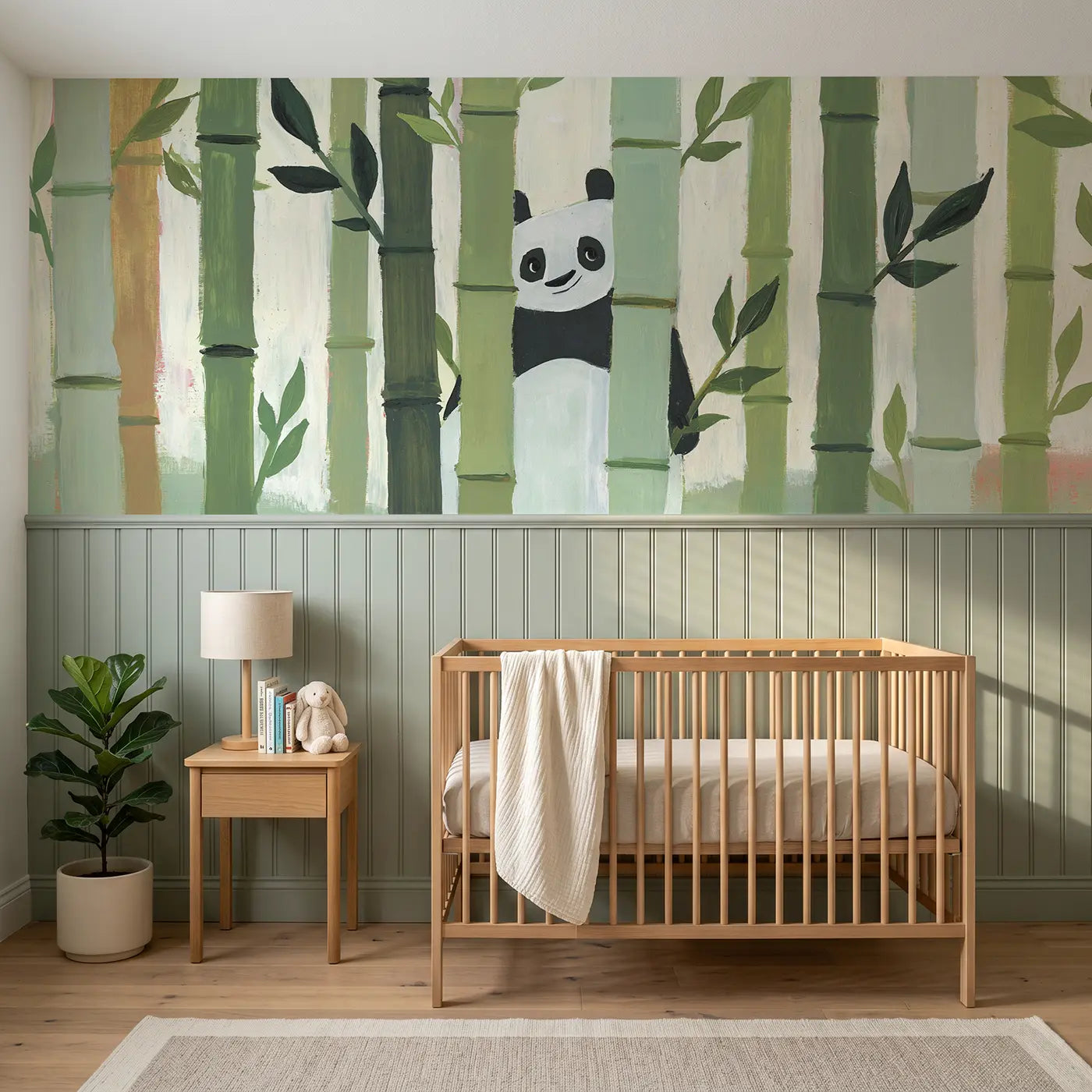 Modern Illustration flat bamboo grove pattern wainscoting wallpaper for nursery by Whimsy Tots