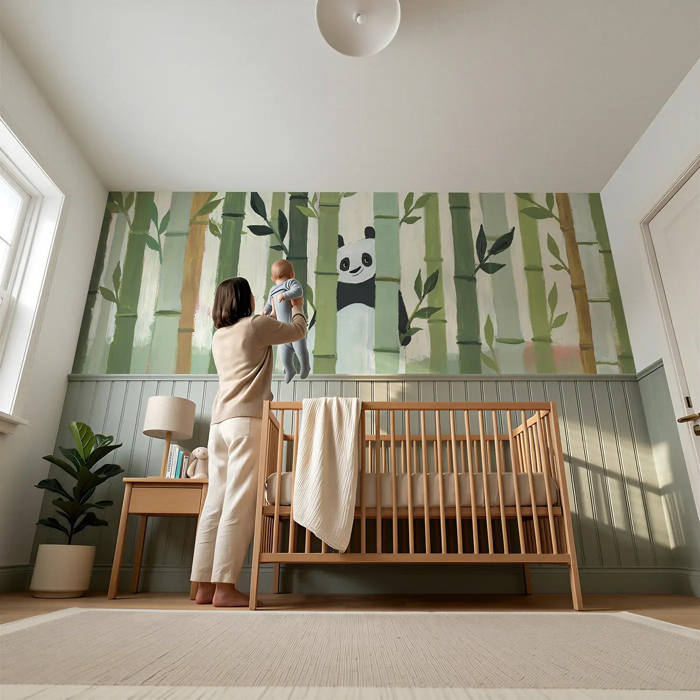 Child reading near Flat Bamboo Grove Pattern Wainscoting Wallpaper by Whimsy Tots