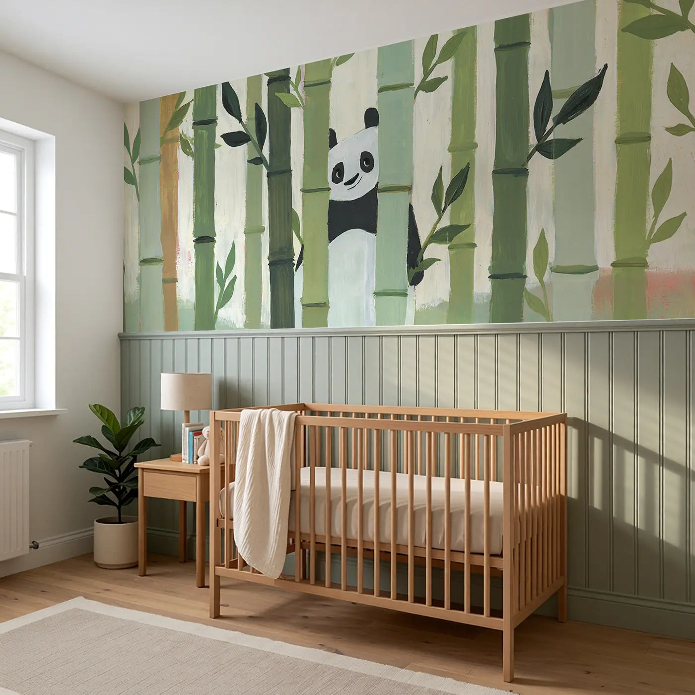 Flat Bamboo Grove Pattern Wainscoting Wallpaper styled in a kids bedroom by Whimsy Tots