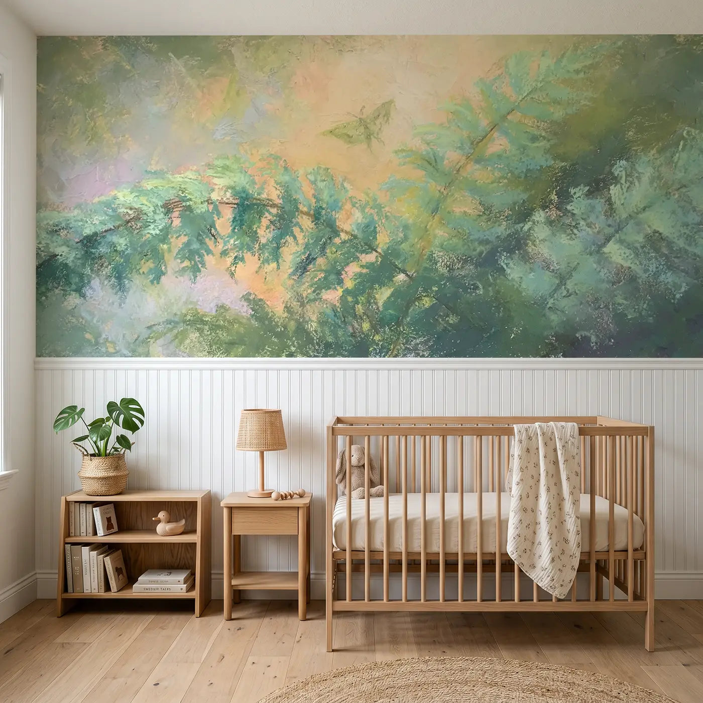 Soft Pastel chalk fern forest dreamy wainscoting wallpaper for nursery by Whimsy Tots