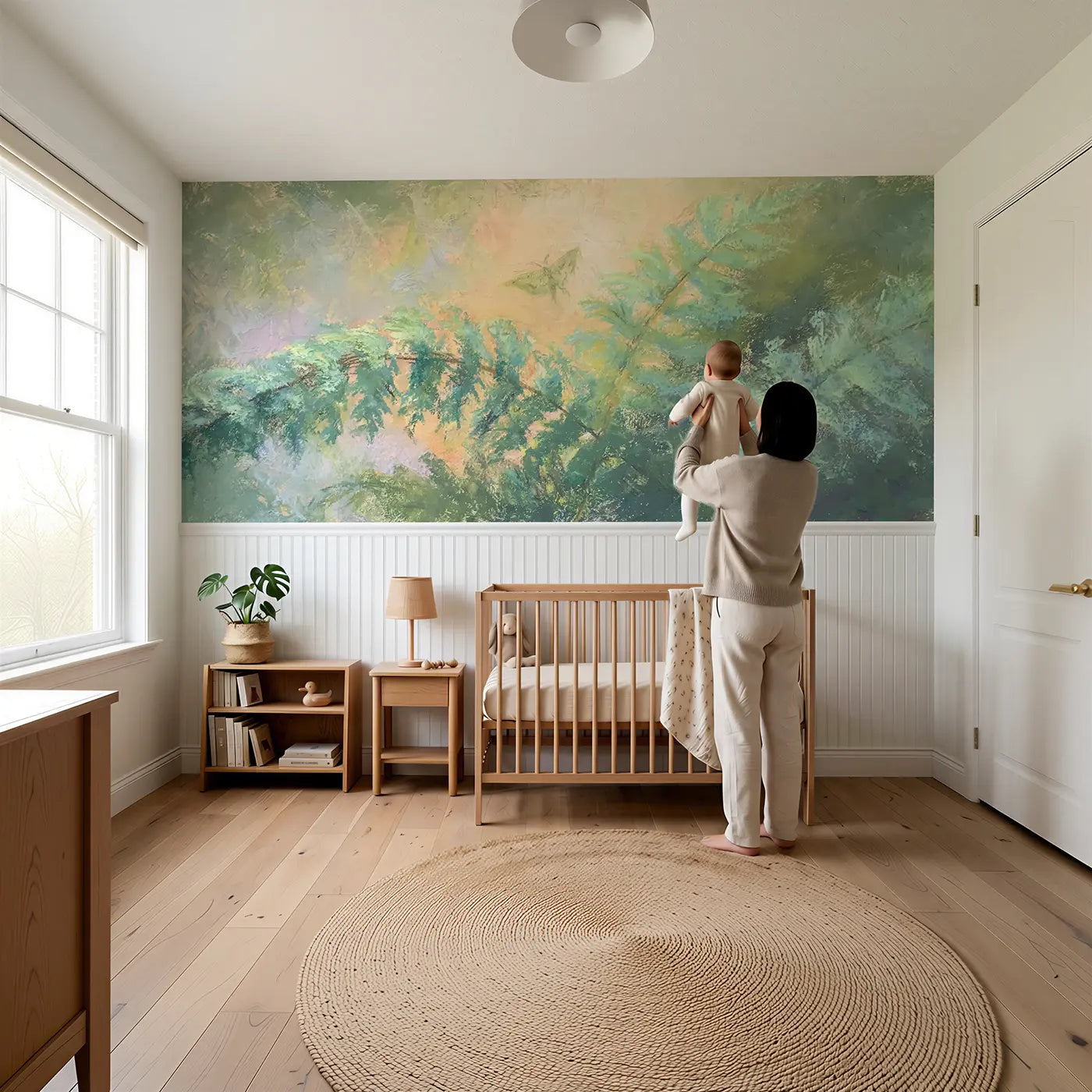 Child reading near Chalk Fern Forest Dreamy Wainscoting Wallpaper by Whimsy Tots