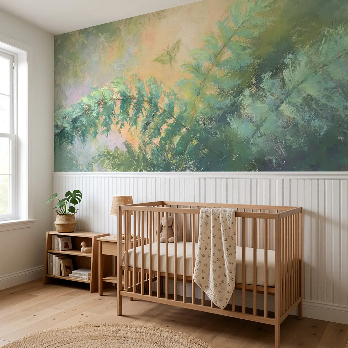 Chalk Fern Forest Dreamy Wainscoting Wallpaper styled in a kids bedroom by Whimsy Tots