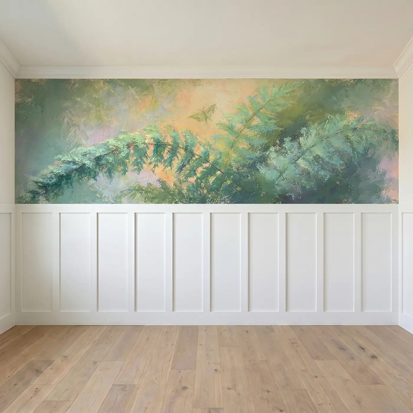 Full panel view of Chalk Fern Forest Dreamy Wainscoting Wallpaper by Whimsy Tots