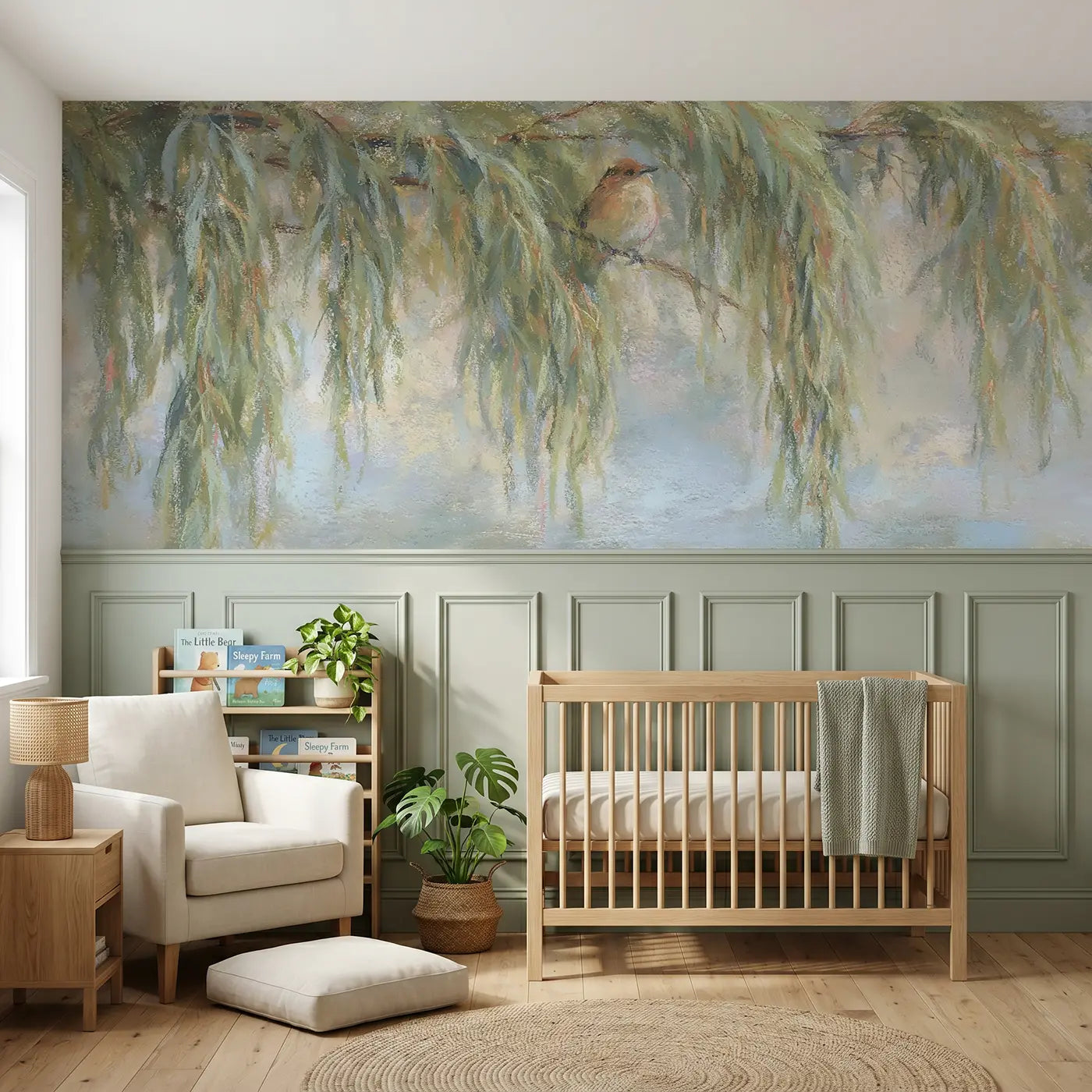 Soft Pastel willow branch gentle wainscoting wallpaper for nursery by Whimsy Tots