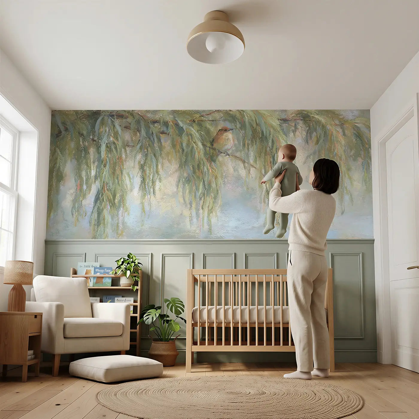 Child reading near Pastel Willow Branch Gentle Wainscoting Wallpaper by Whimsy Tots