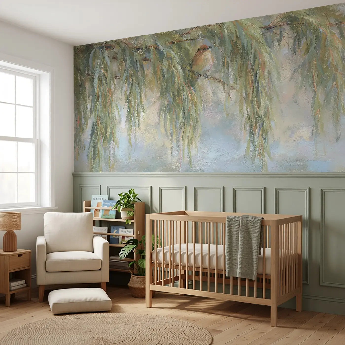 Pastel Willow Branch Gentle Wainscoting Wallpaper styled in a kids bedroom by Whimsy Tots