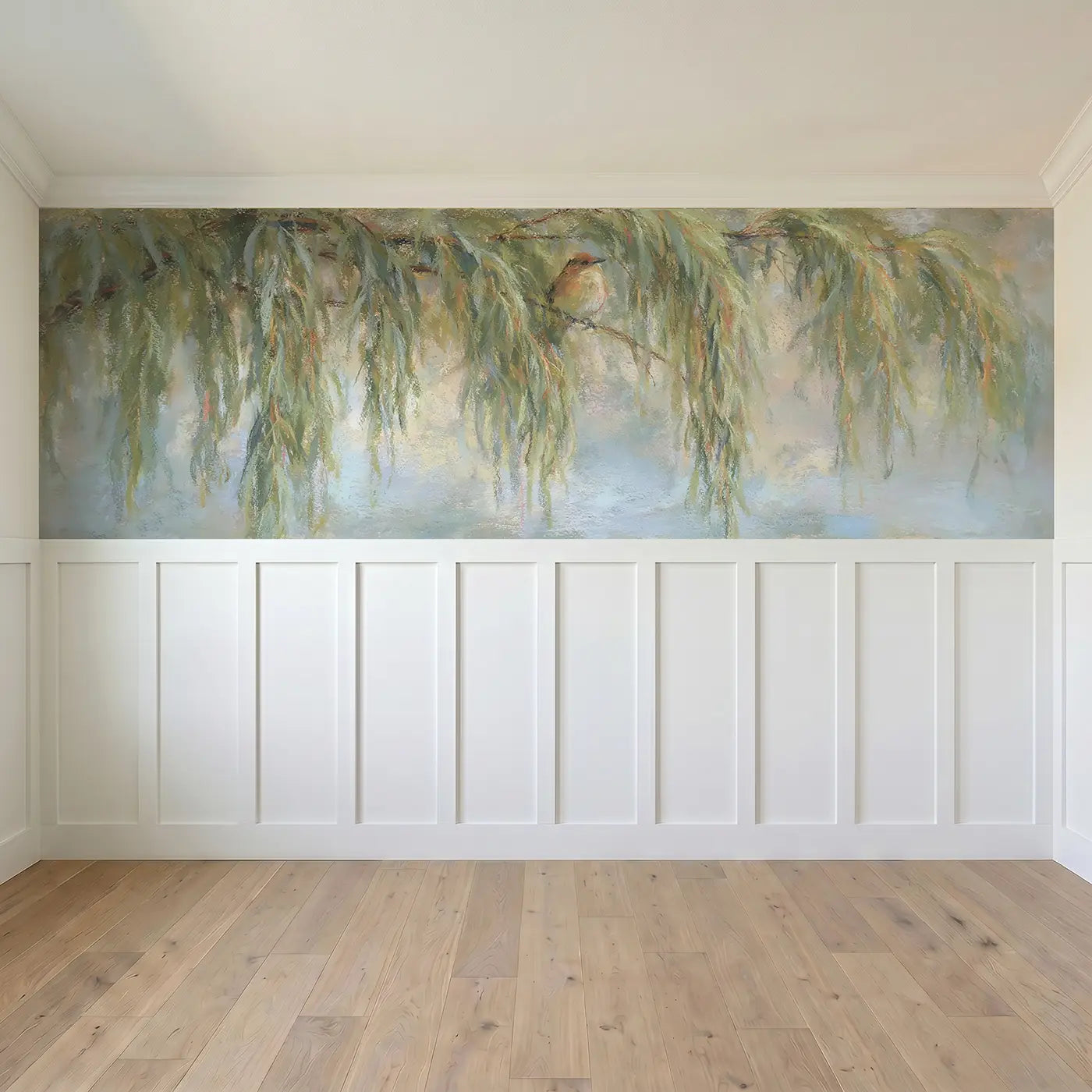 Full panel view of Pastel Willow Branch Gentle Wainscoting Wallpaper by Whimsy Tots