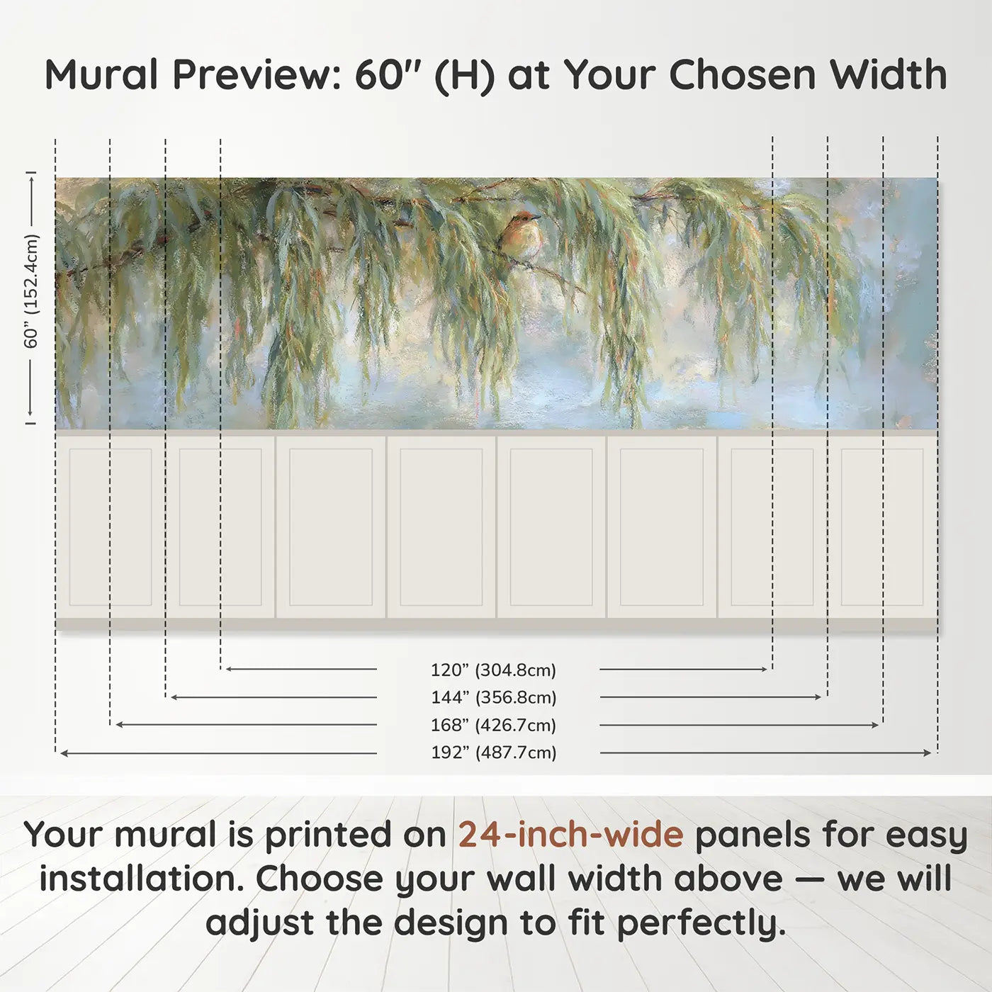 Panel dimensions for Pastel Willow Branch Gentle Wainscoting Wallpaper by Whimsy Tots