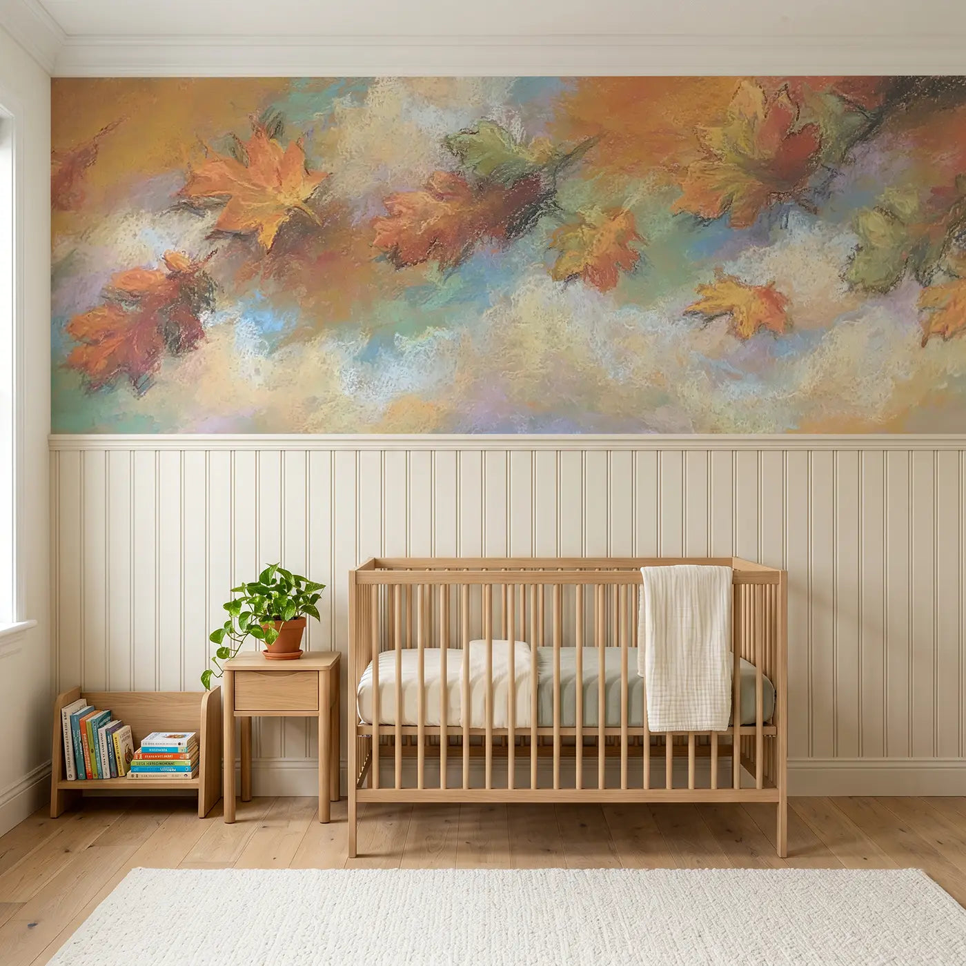 Soft Pastel chalk autumn leaf drift wainscoting wallpaper for nursery by Whimsy Tots