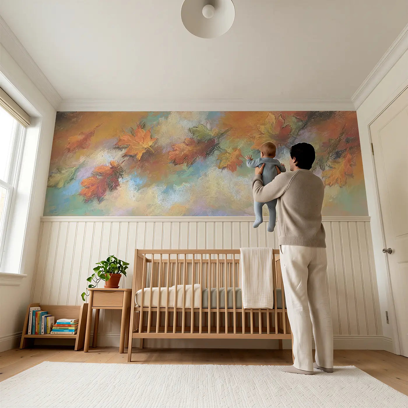 Child reading near Chalk Autumn Leaf Drift Wainscoting Wallpaper by Whimsy Tots