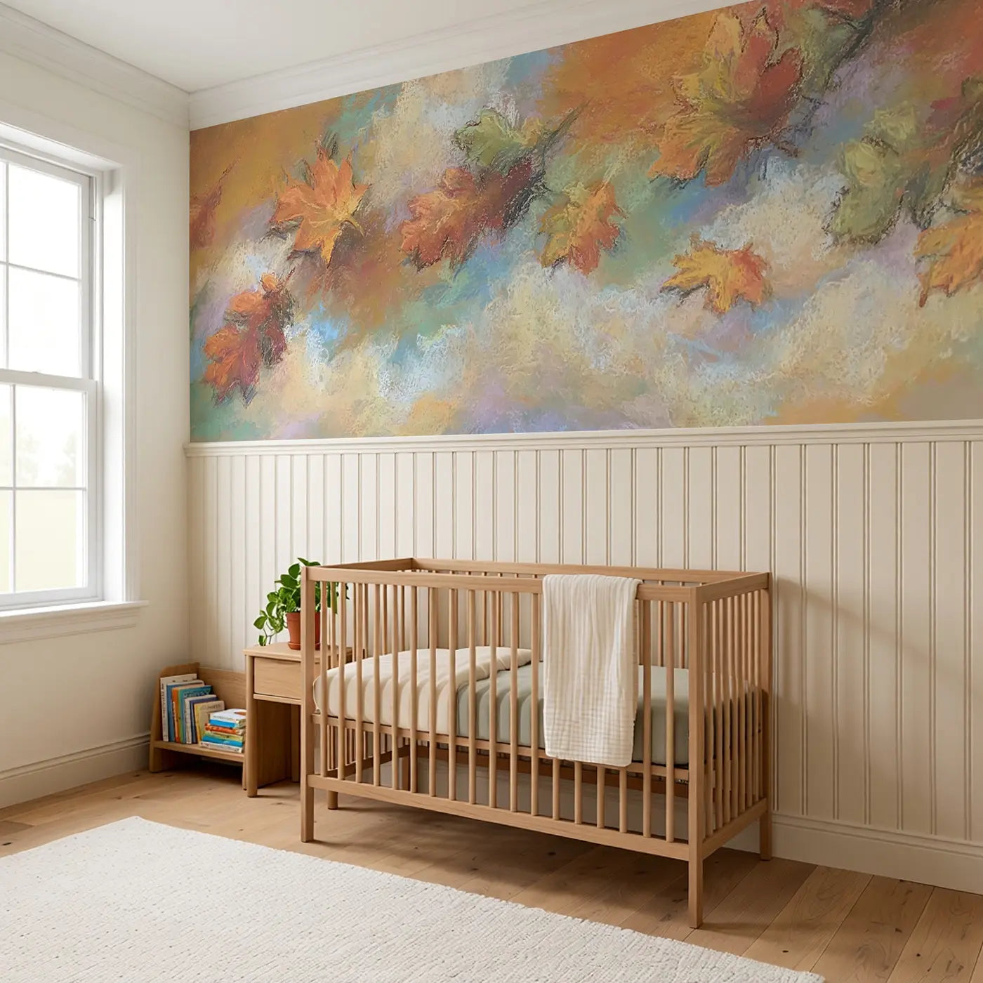 Chalk Autumn Leaf Drift Wainscoting Wallpaper styled in a kids bedroom by Whimsy Tots