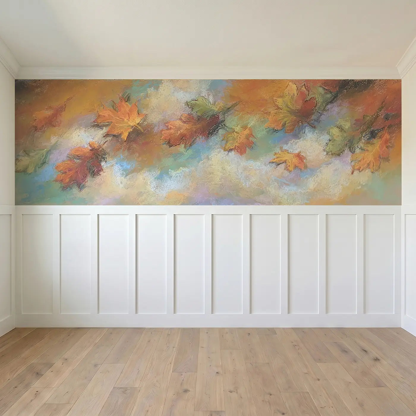 Full panel view of Chalk Autumn Leaf Drift Wainscoting Wallpaper by Whimsy Tots