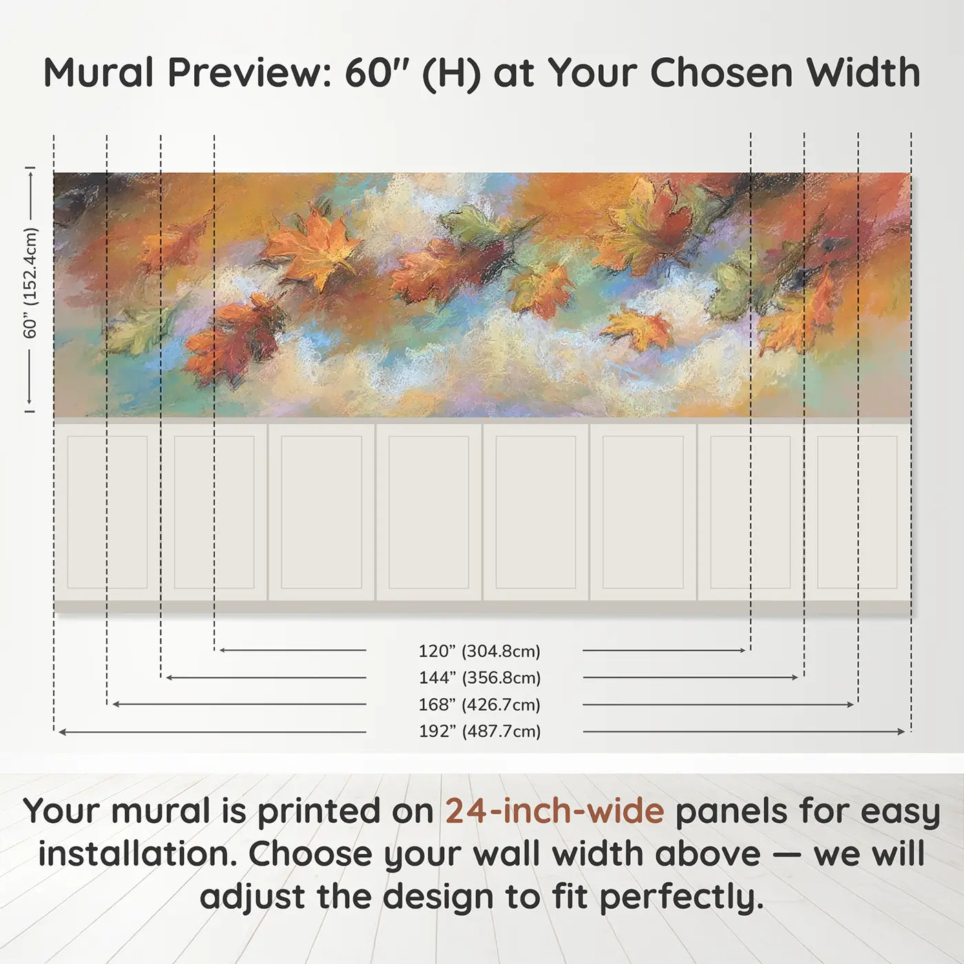 Panel dimensions for Chalk Autumn Leaf Drift Wainscoting Wallpaper by Whimsy Tots
