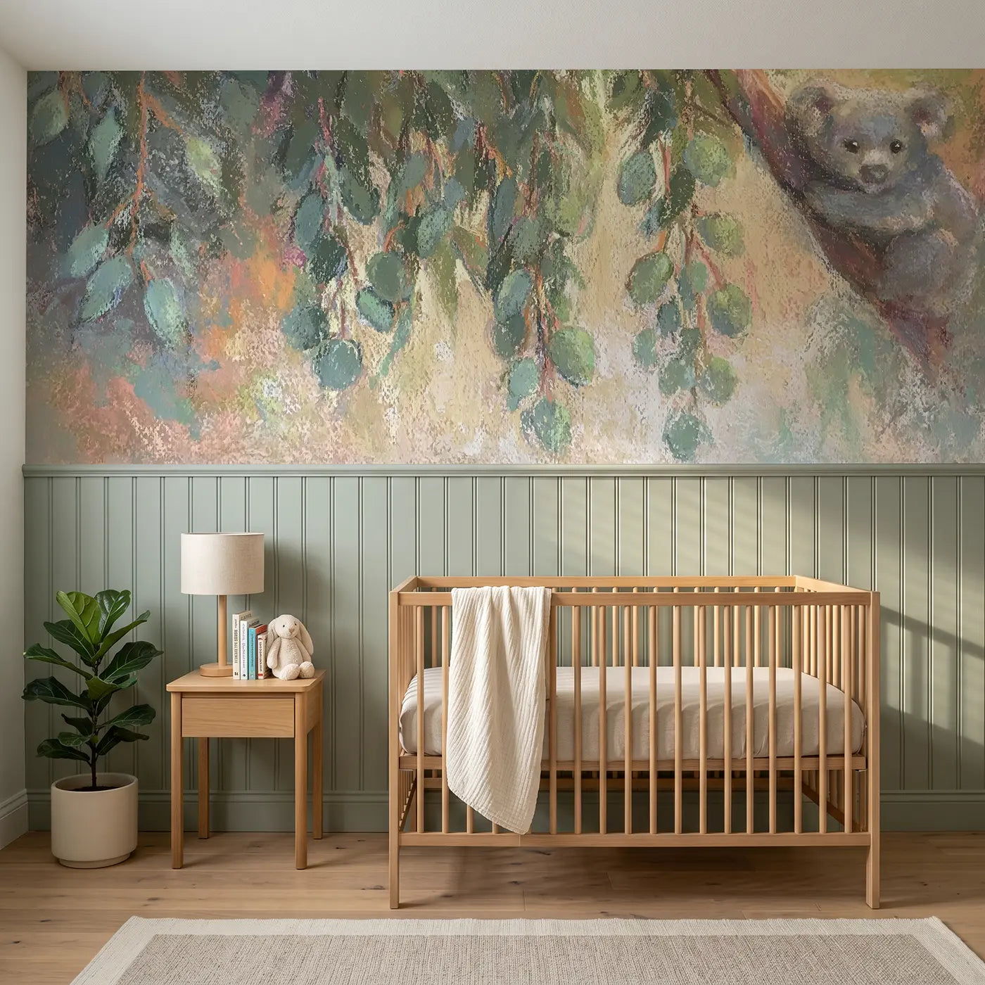 Soft Pastel fuzzy eucalyptus hang chalk wainscoting wallpaper for nursery by Whimsy Tots