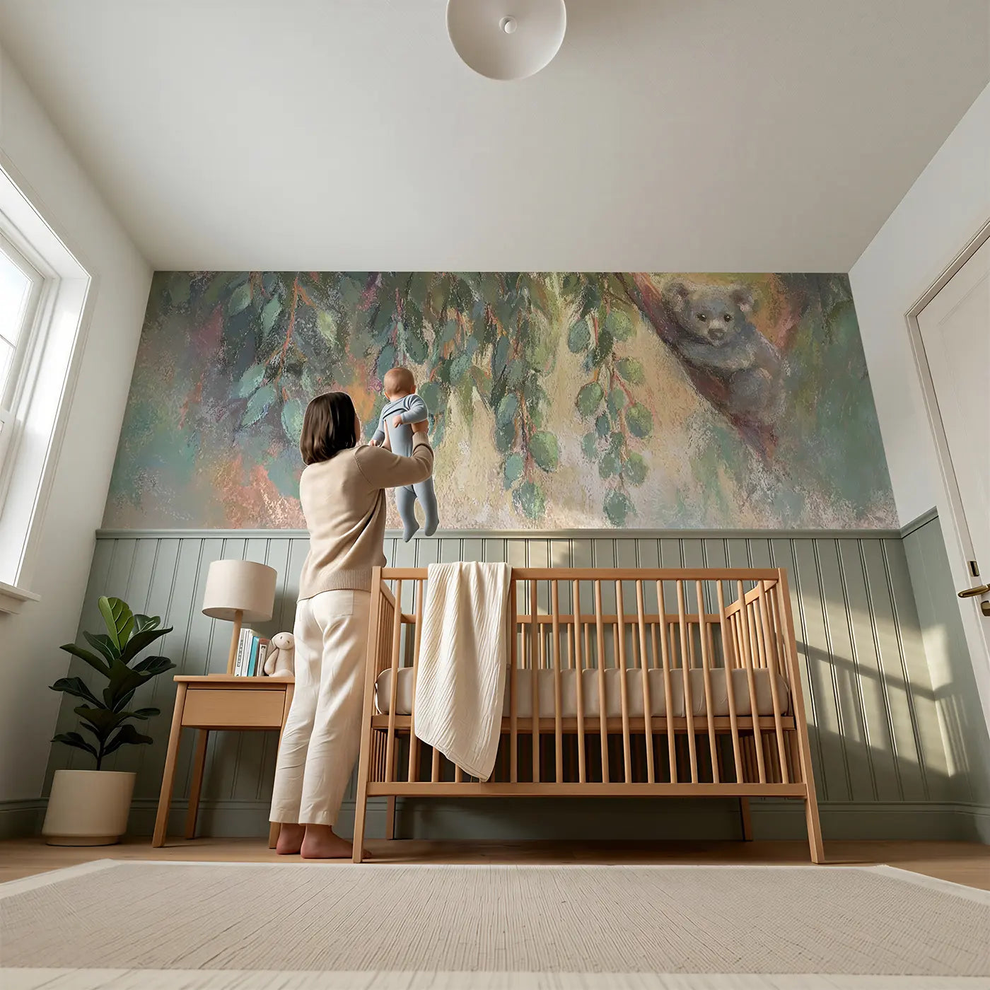 Child reading near Fuzzy Eucalyptus Hang Chalk Wainscoting Wallpaper by Whimsy Tots
