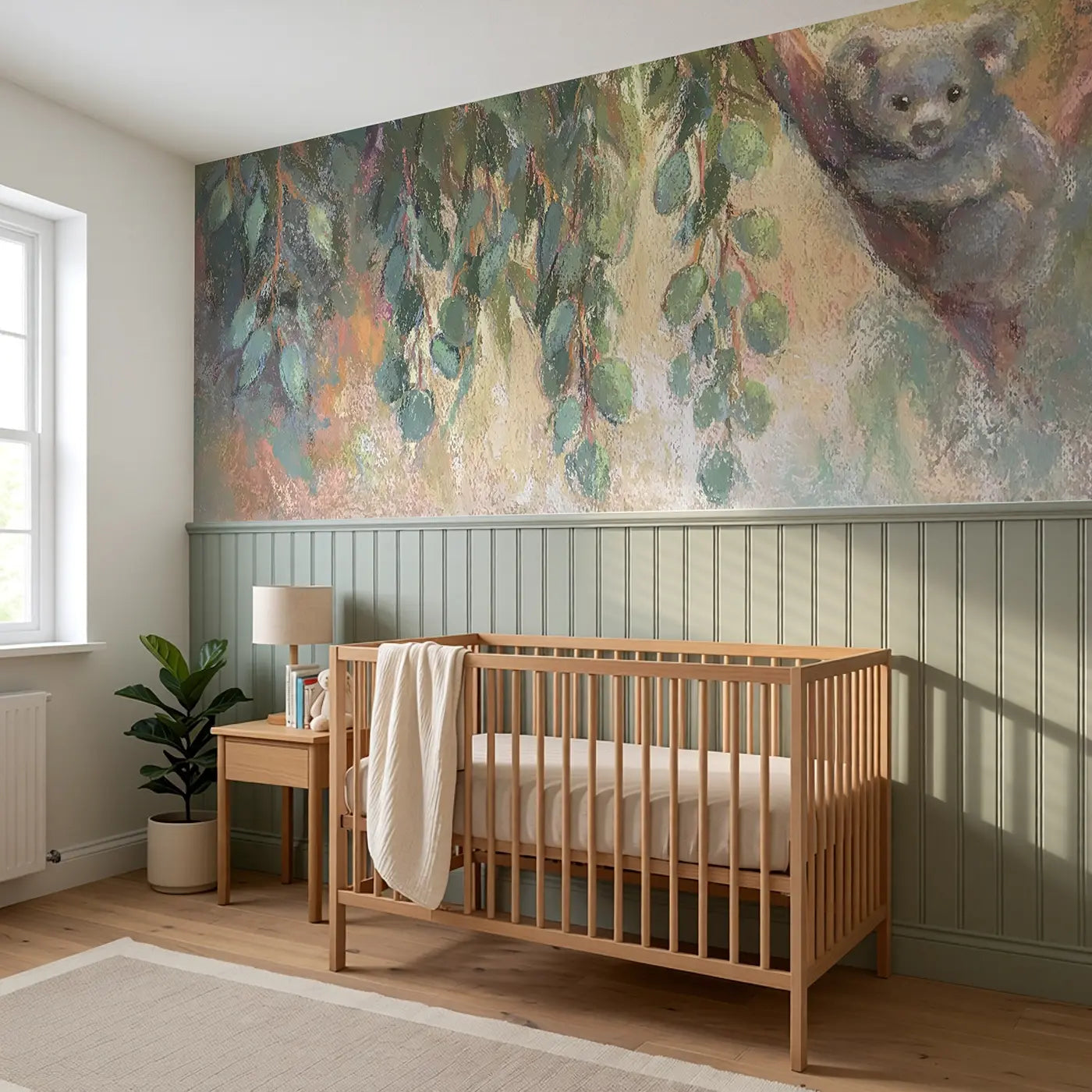 Fuzzy Eucalyptus Hang Chalk Wainscoting Wallpaper styled in a kids bedroom by Whimsy Tots