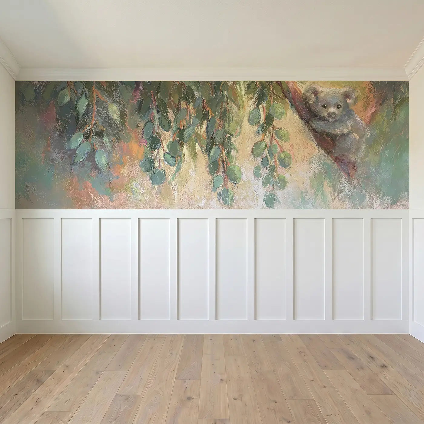 Full panel view of Fuzzy Eucalyptus Hang Chalk Wainscoting Wallpaper by Whimsy Tots