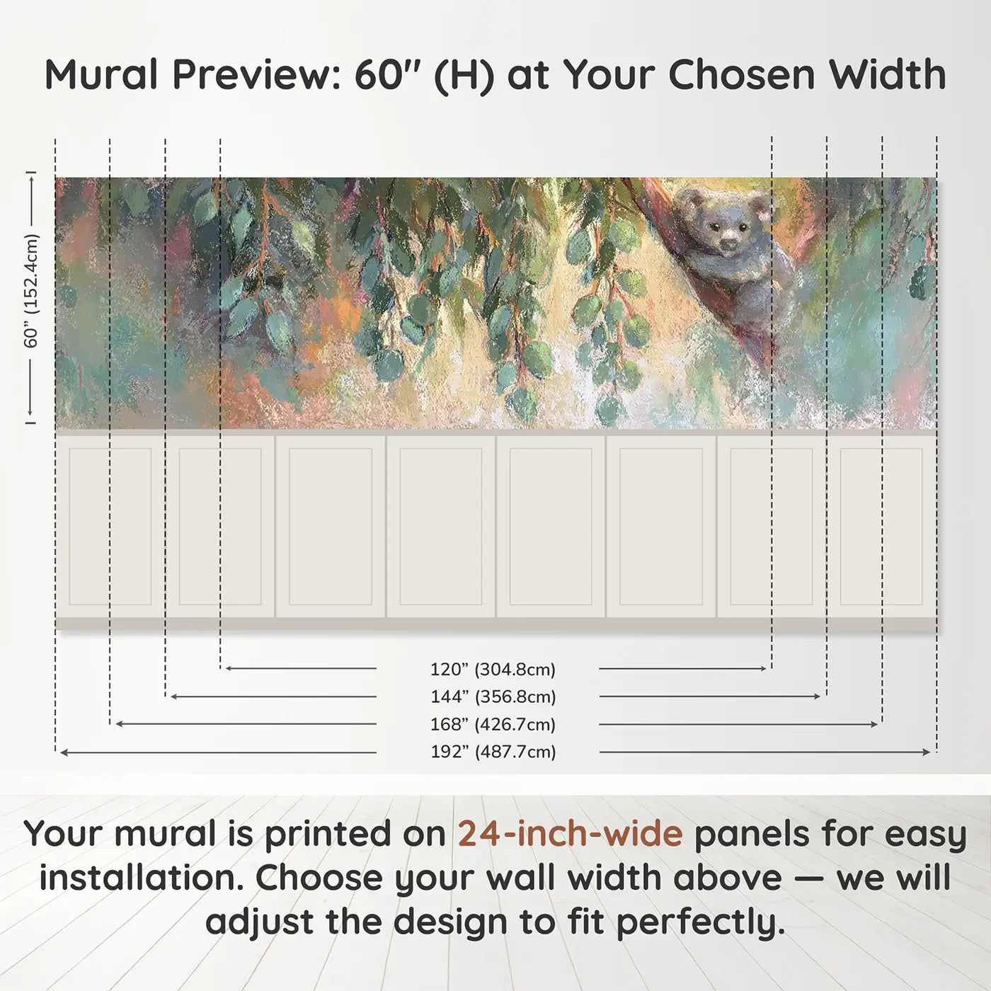 Panel dimensions for Fuzzy Eucalyptus Hang Chalk Wainscoting Wallpaper by Whimsy Tots