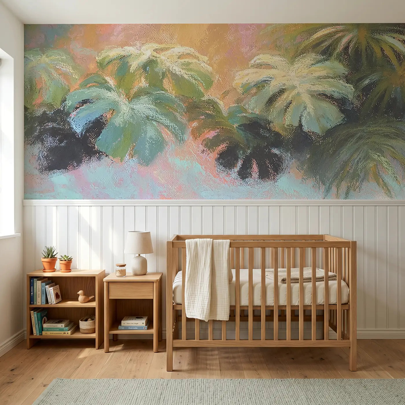 Soft Pastel tropical leaf layer wainscoting wallpaper for nursery by Whimsy Tots