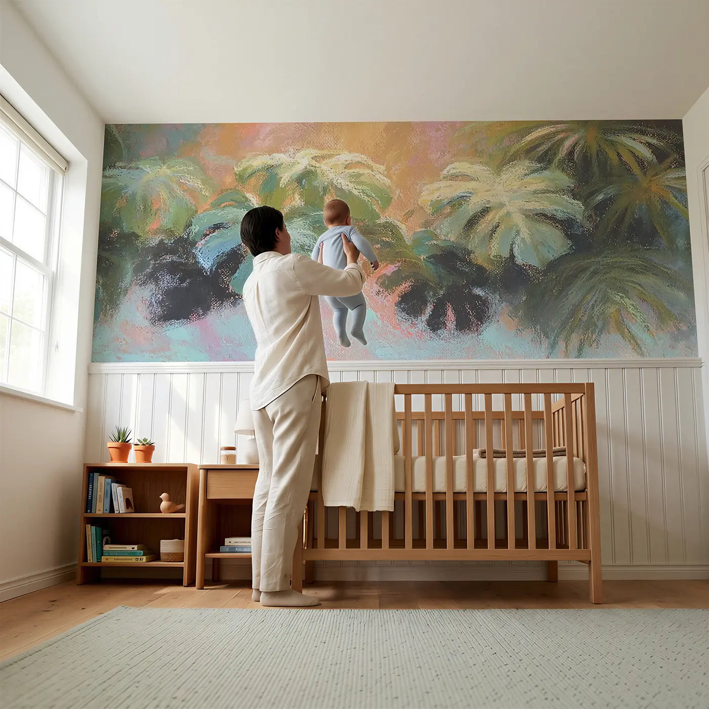 Child reading near Pastel Tropical Leaf Layer Wainscoting Wallpaper by Whimsy Tots
