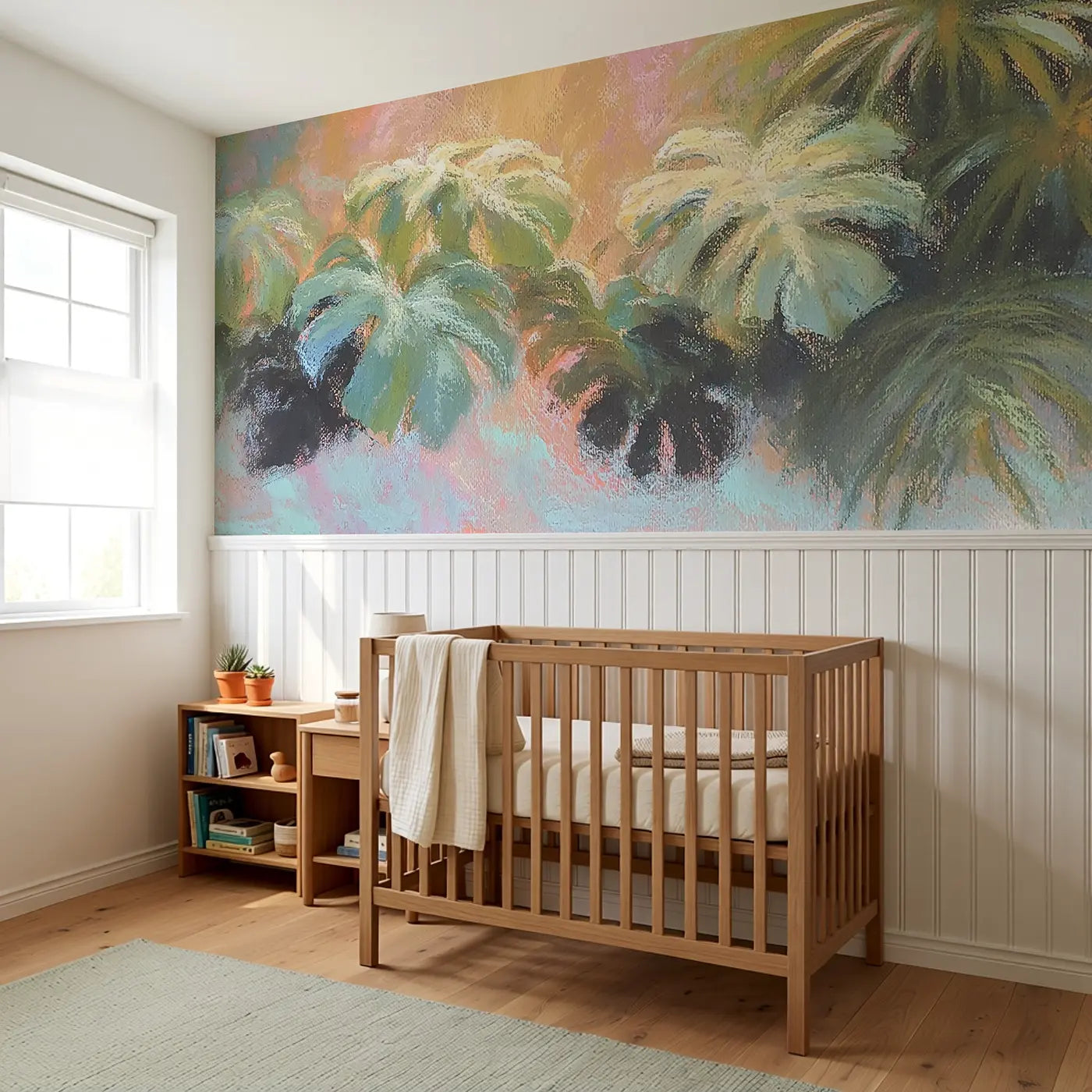 Pastel Tropical Leaf Layer Wainscoting Wallpaper styled in a kids bedroom by Whimsy Tots