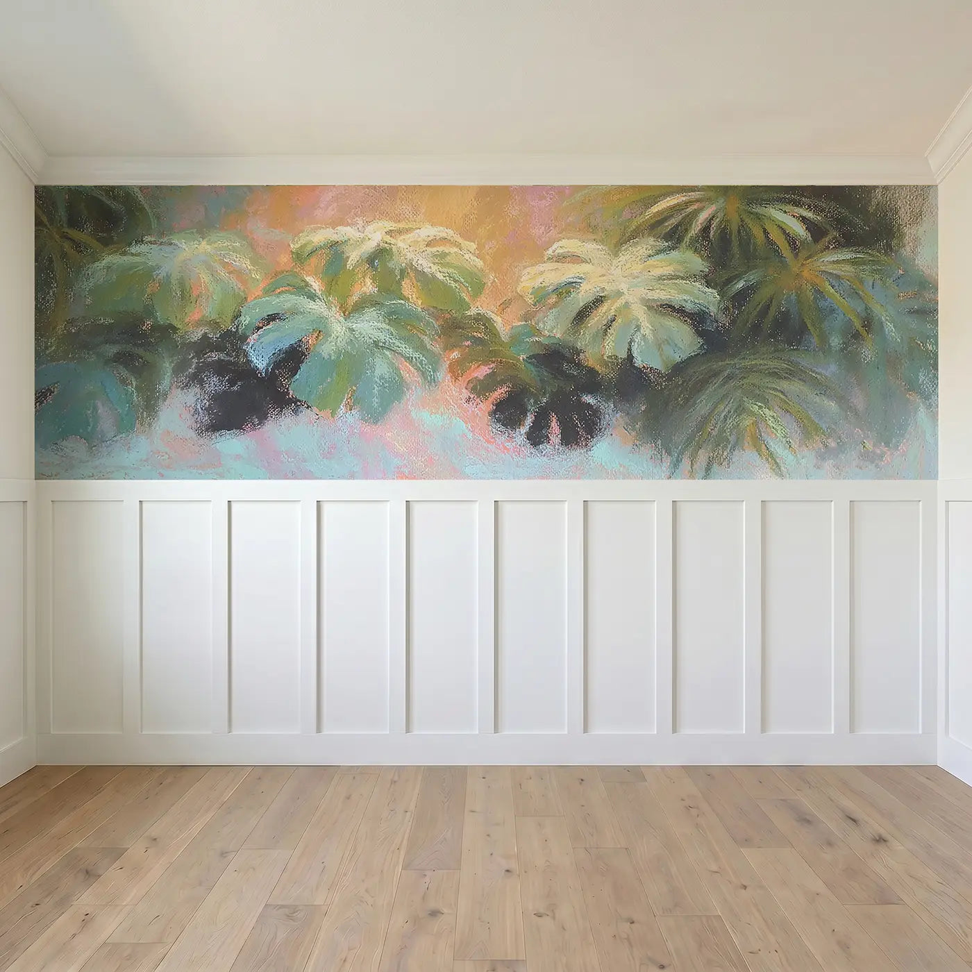 Full panel view of Pastel Tropical Leaf Layer Wainscoting Wallpaper by Whimsy Tots