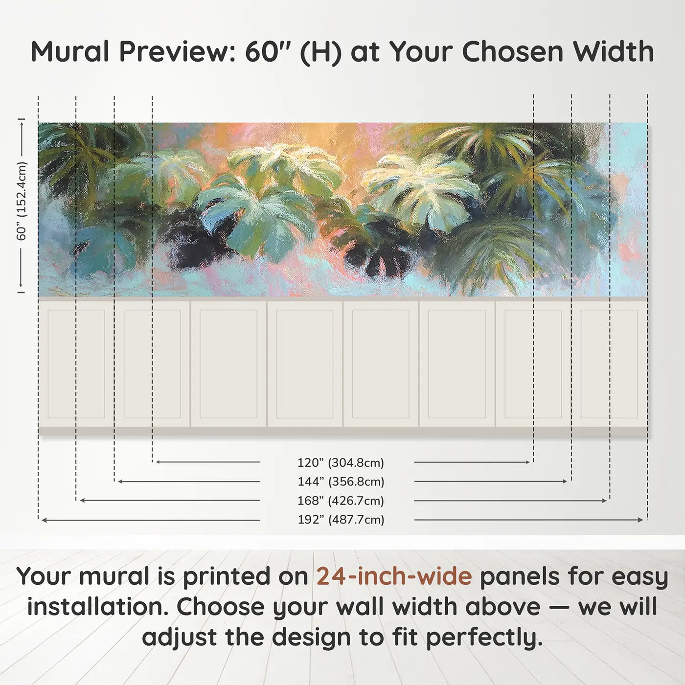 Panel dimensions for Pastel Tropical Leaf Layer Wainscoting Wallpaper by Whimsy Tots