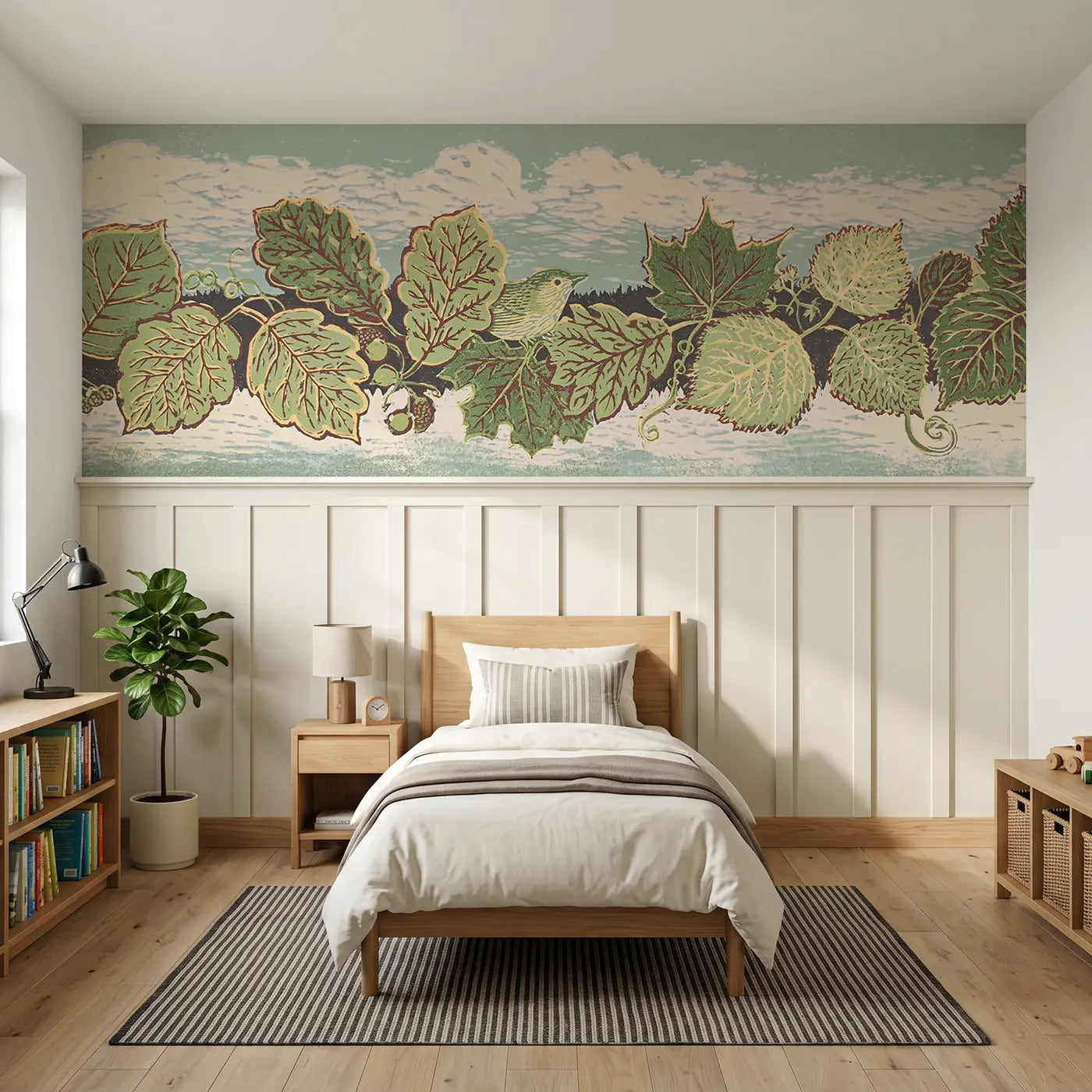 Block Print carved leaf border band wainscoting wallpaper for bedroom by Whimsy Tots