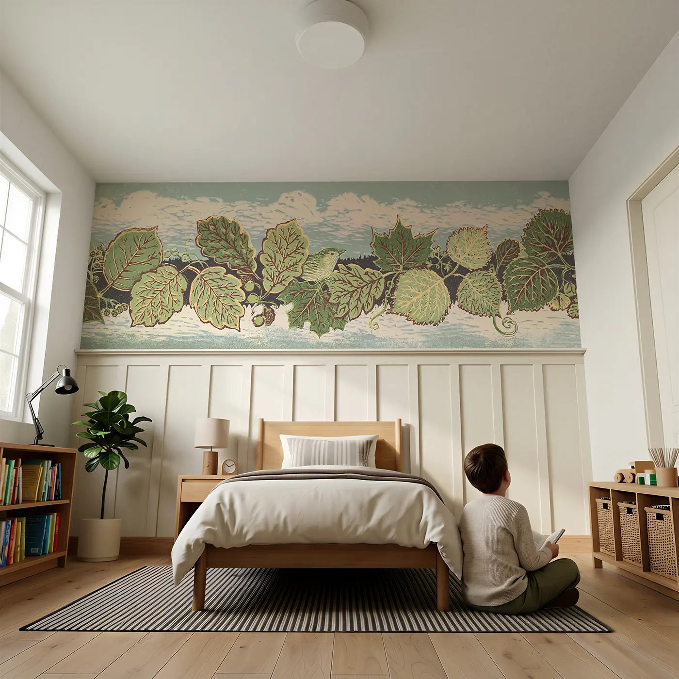 Child reading near Carved Leaf Border Band Wainscoting Wallpaper by Whimsy Tots