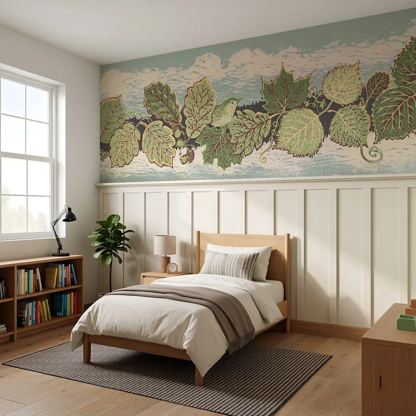 Carved Leaf Border Band Wainscoting Wallpaper styled in a kids bedroom by Whimsy Tots