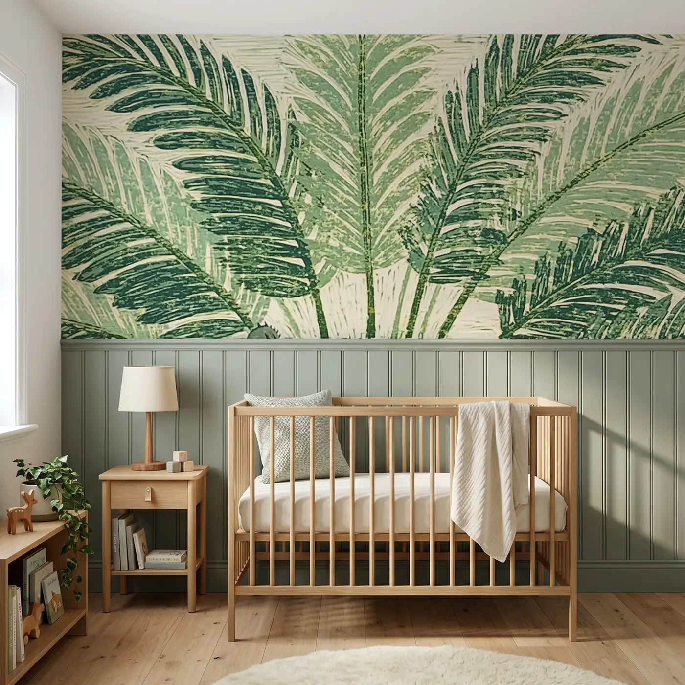 Block Print fern fan wainscoting wallpaper for nursery by Whimsy Tots