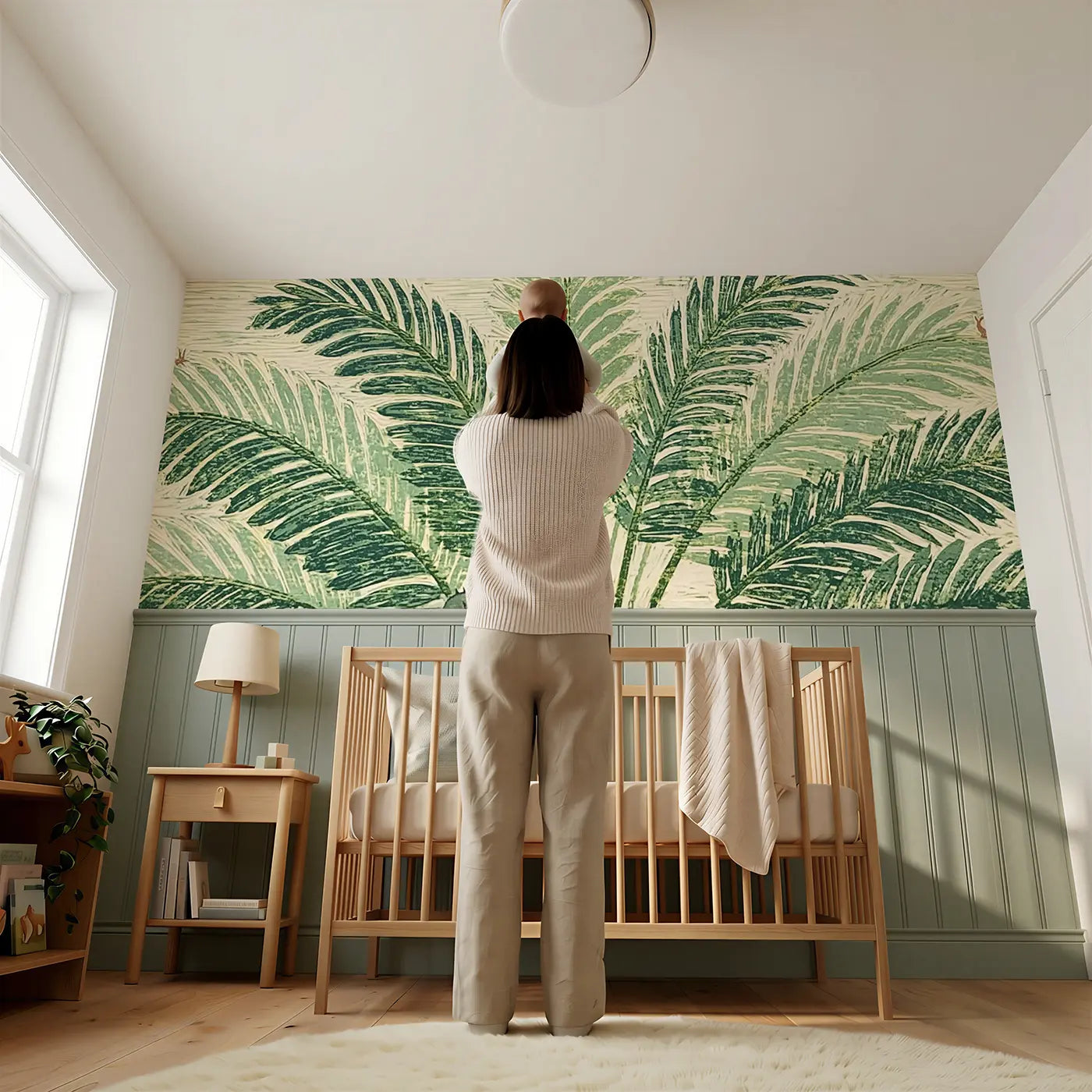 Child reading near Block Print Fern Fan Wainscoting Wallpaper by Whimsy Tots