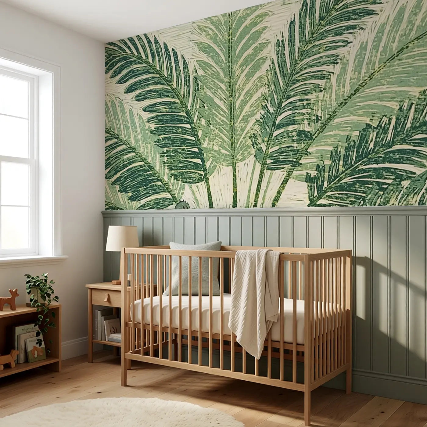 Block Print Fern Fan Wainscoting Wallpaper styled in a kids bedroom by Whimsy Tots