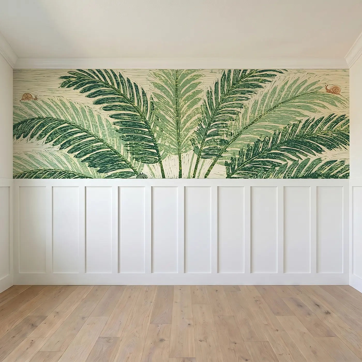 Full panel view of Block Print Fern Fan Wainscoting Wallpaper by Whimsy Tots