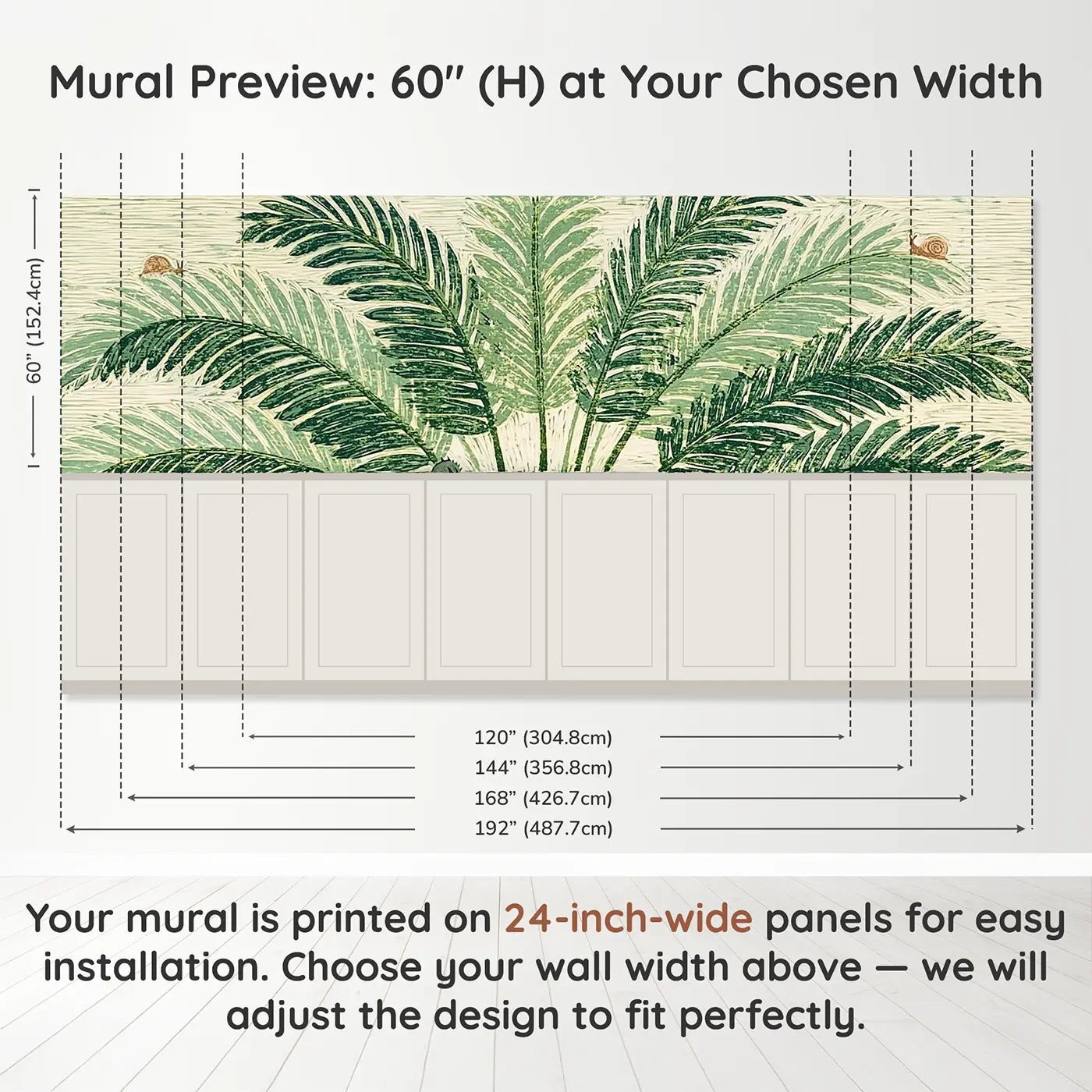 Panel dimensions for Block Print Fern Fan Wainscoting Wallpaper by Whimsy Tots