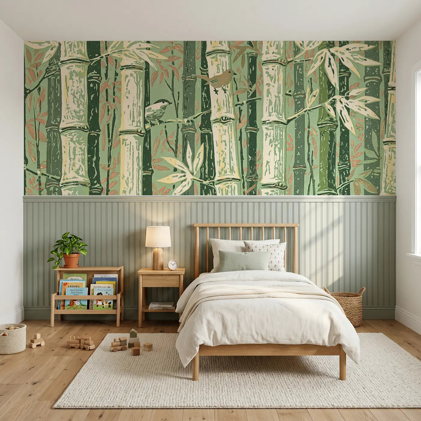 Block Print carved bamboo vertical grove wainscoting wallpaper for bedroom by Whimsy Tots