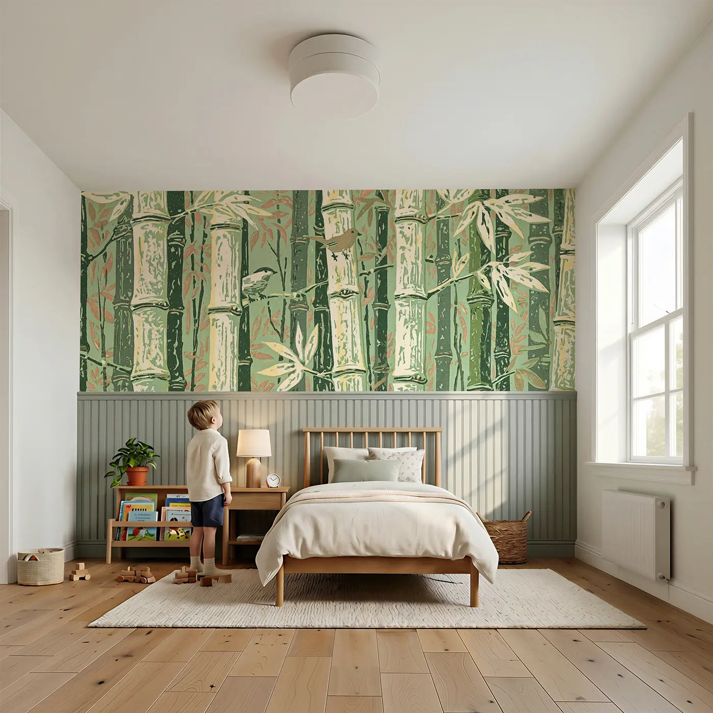 Child reading near Carved Bamboo Vertical Grove Wainscoting Wallpaper by Whimsy Tots