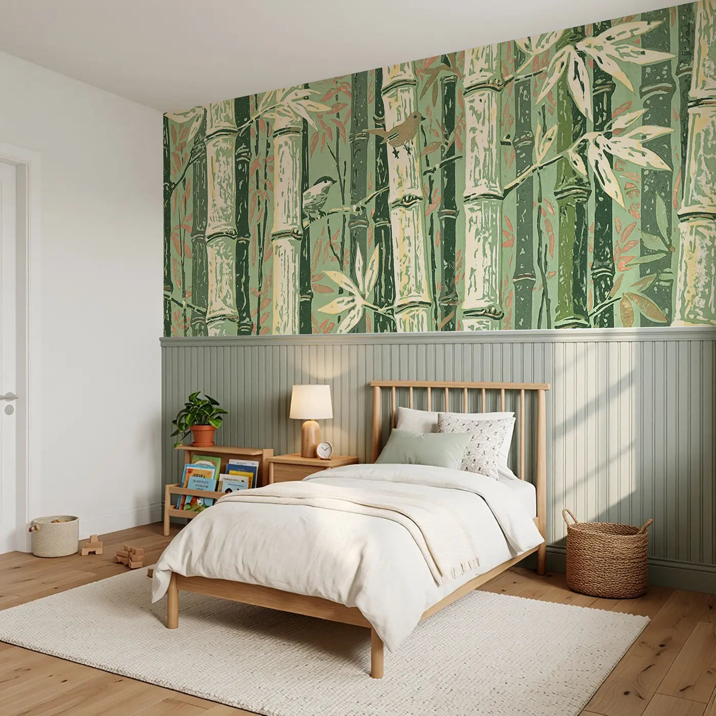 Carved Bamboo Vertical Grove Wainscoting Wallpaper styled in a kids bedroom by Whimsy Tots
