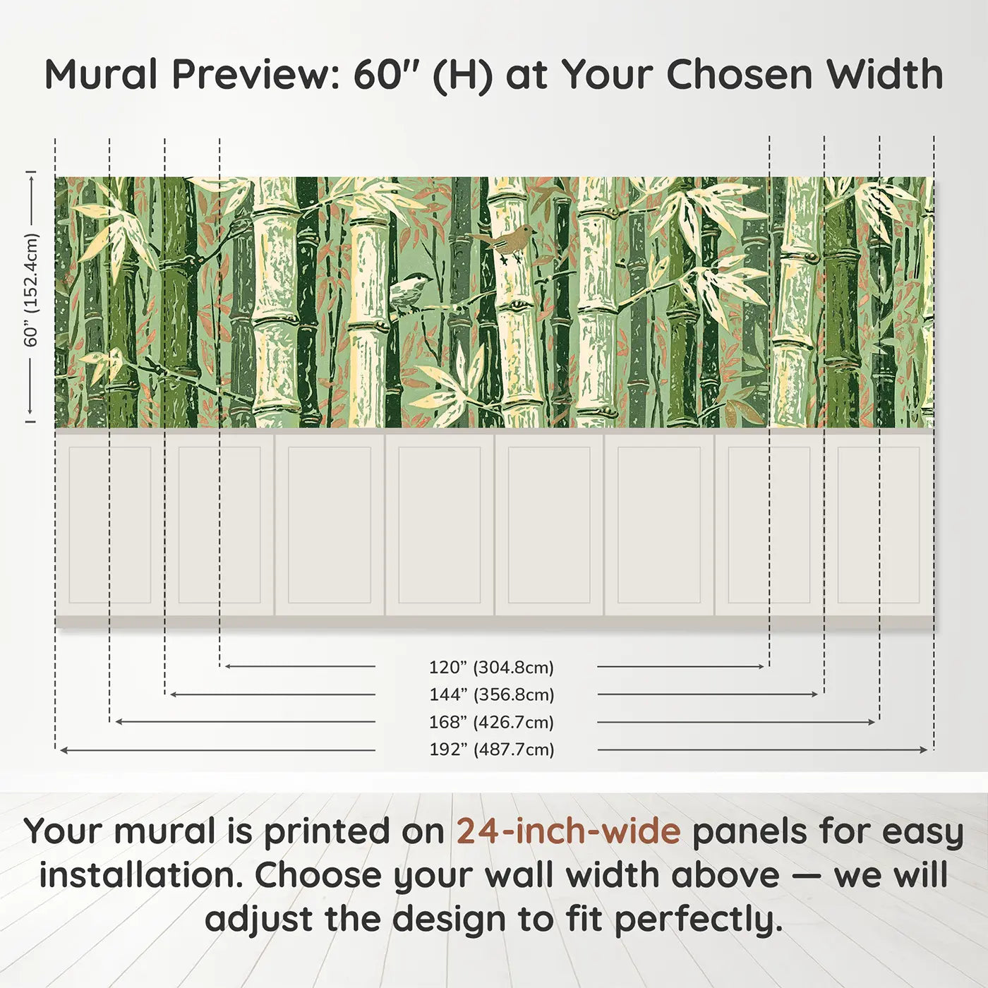 Panel dimensions for Carved Bamboo Vertical Grove Wainscoting Wallpaper by Whimsy Tots