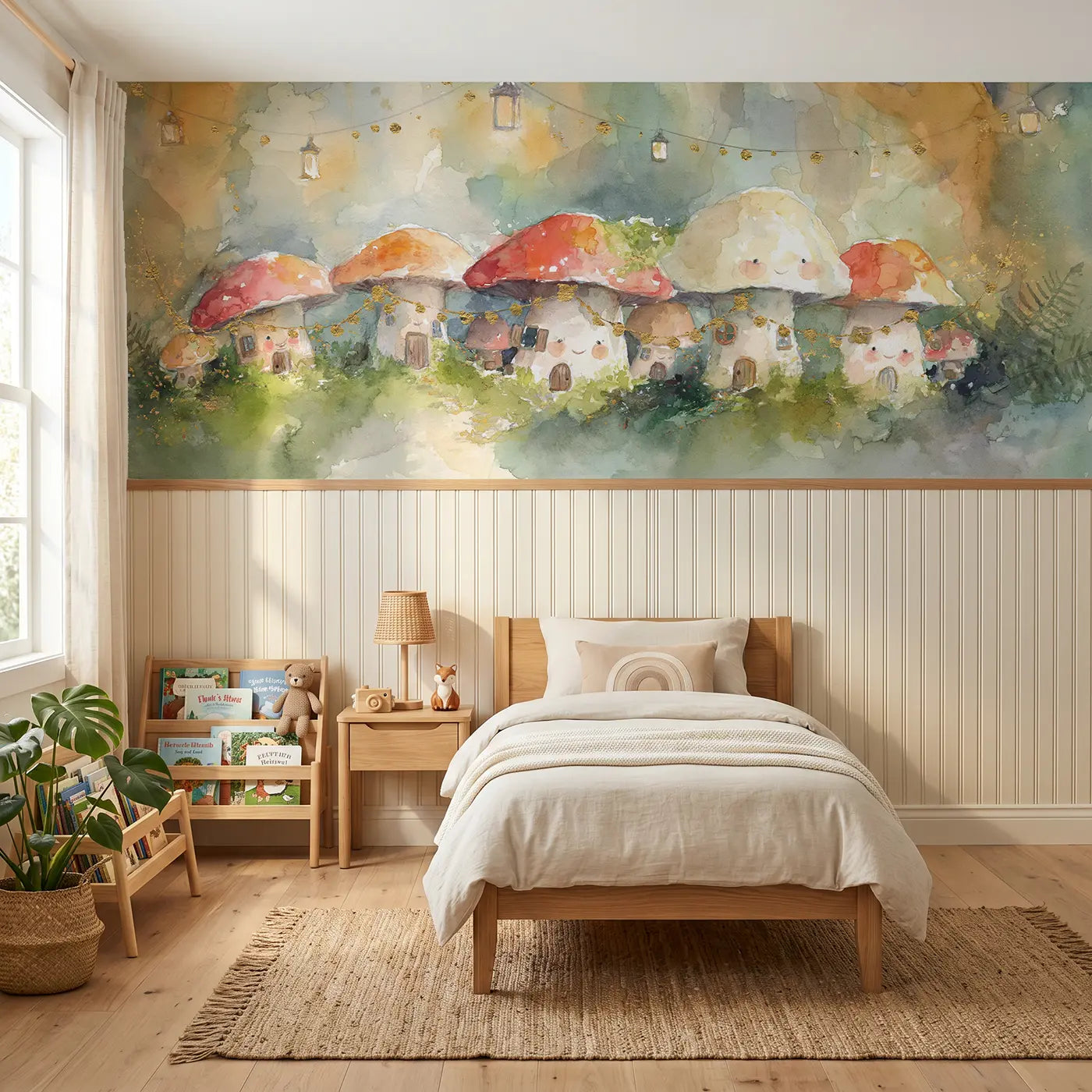 Watercolor toadstool village fairy light wainscoting wallpaper for nursery by Whimsy Tots