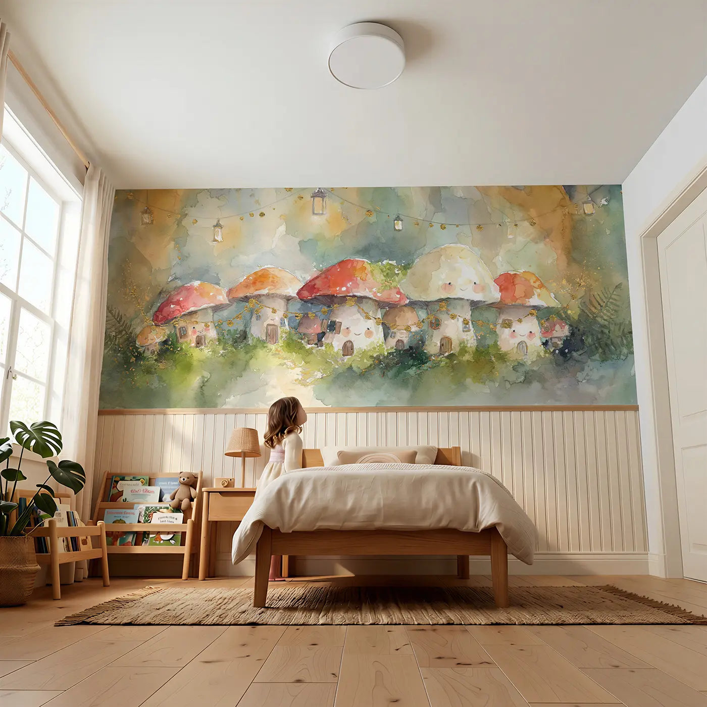 Child reading near Toadstool Village Fairy Light Wainscoting Wallpaper by Whimsy Tots