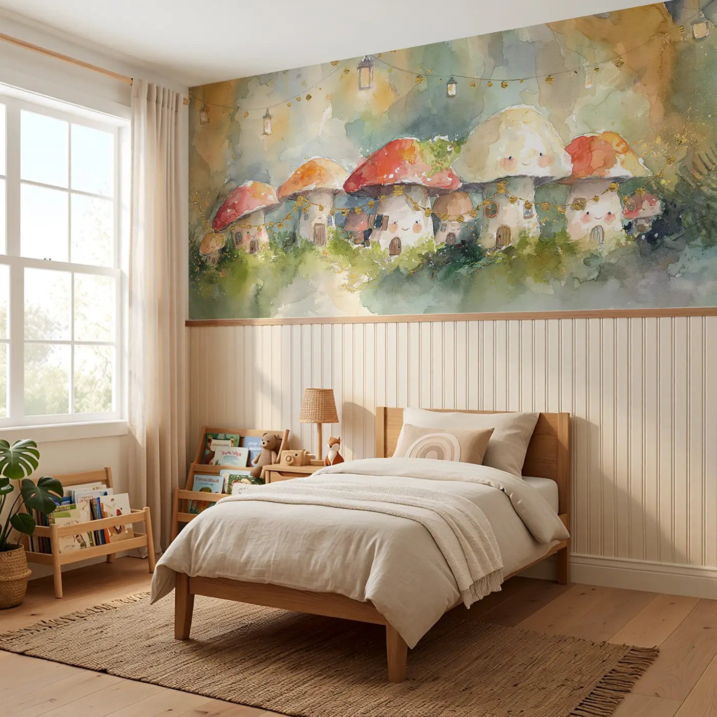 Toadstool Village Fairy Light Wainscoting Wallpaper styled in a kids bedroom by Whimsy Tots