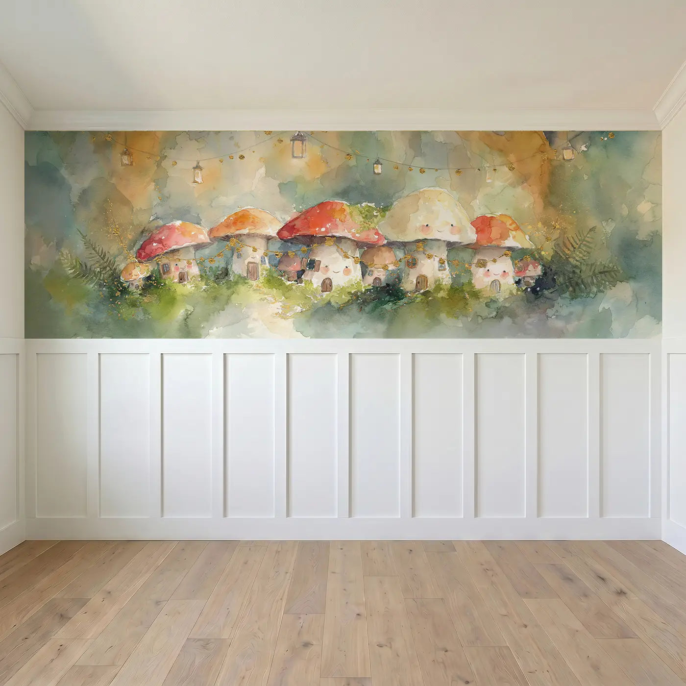 Full panel view of Toadstool Village Fairy Light Wainscoting Wallpaper by Whimsy Tots