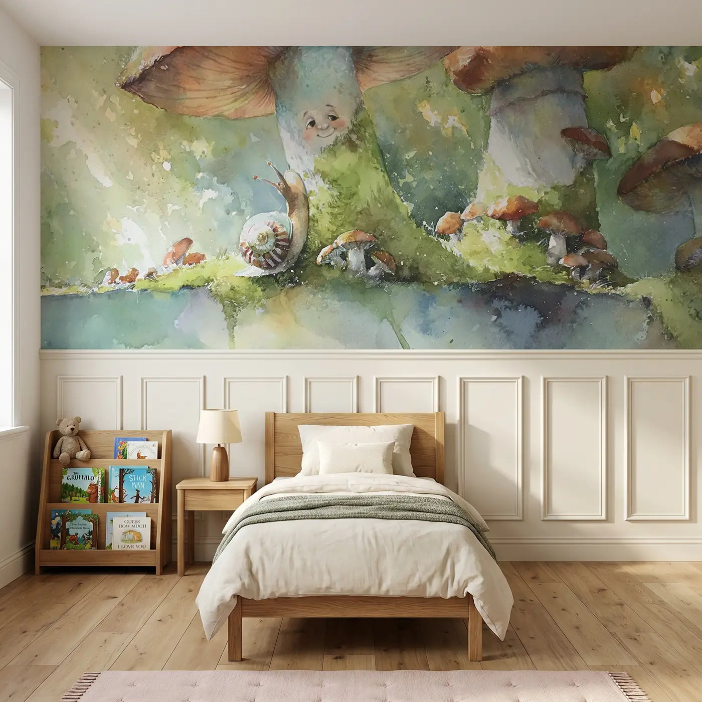 Watercolor mushroom forest canopy view wainscoting wallpaper for nursery by Whimsy Tots