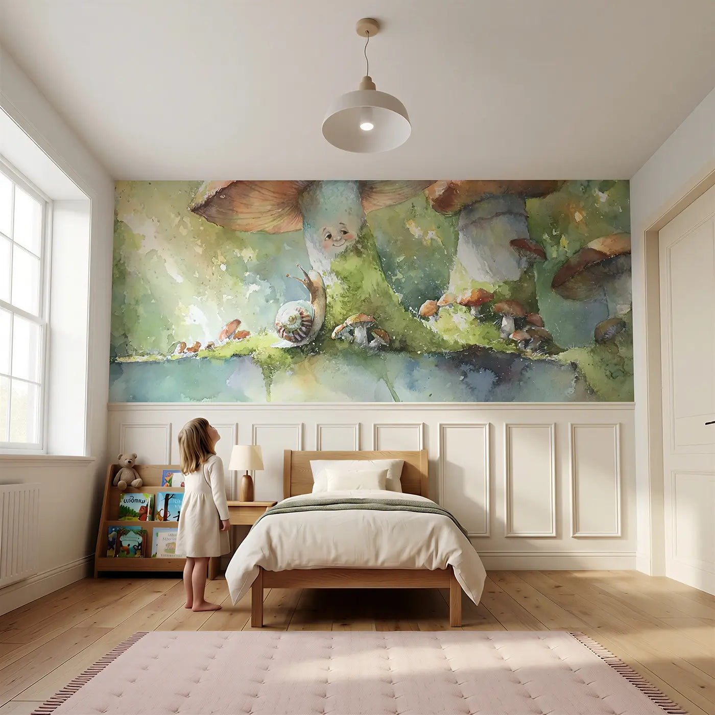 Child reading near Mushroom Forest Canopy View Wainscoting Wallpaper by Whimsy Tots