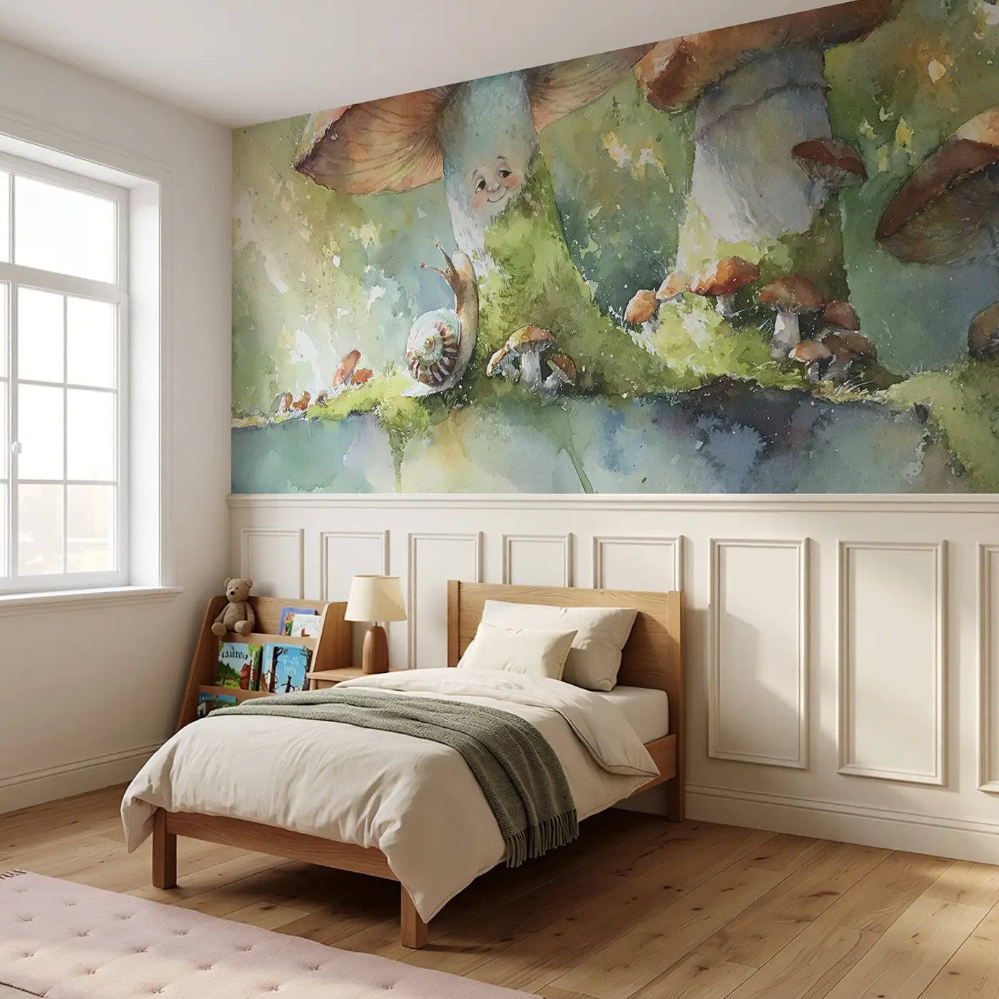 Mushroom Forest Canopy View Wainscoting Wallpaper styled in a kids bedroom by Whimsy Tots
