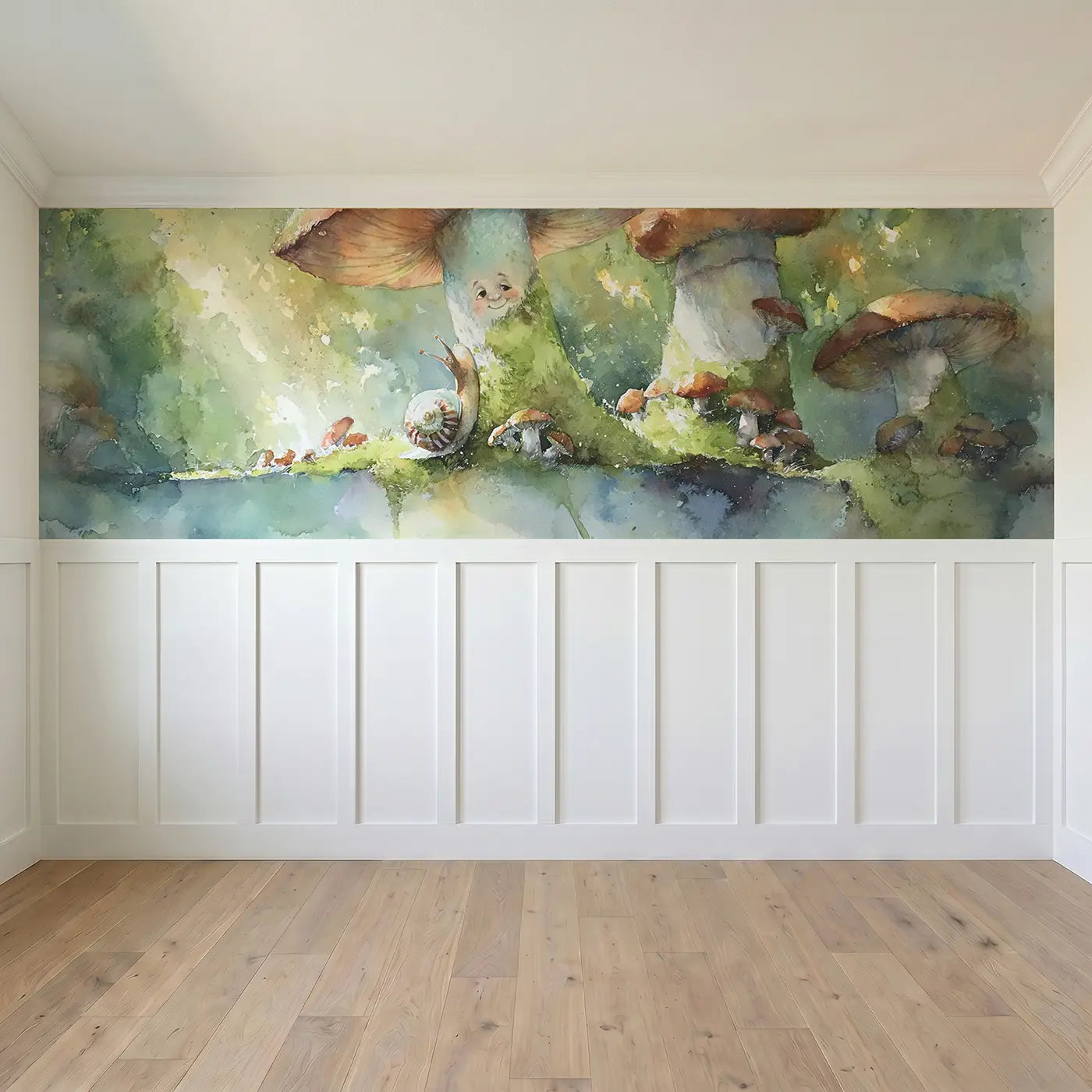 Full panel view of Mushroom Forest Canopy View Wainscoting Wallpaper by Whimsy Tots